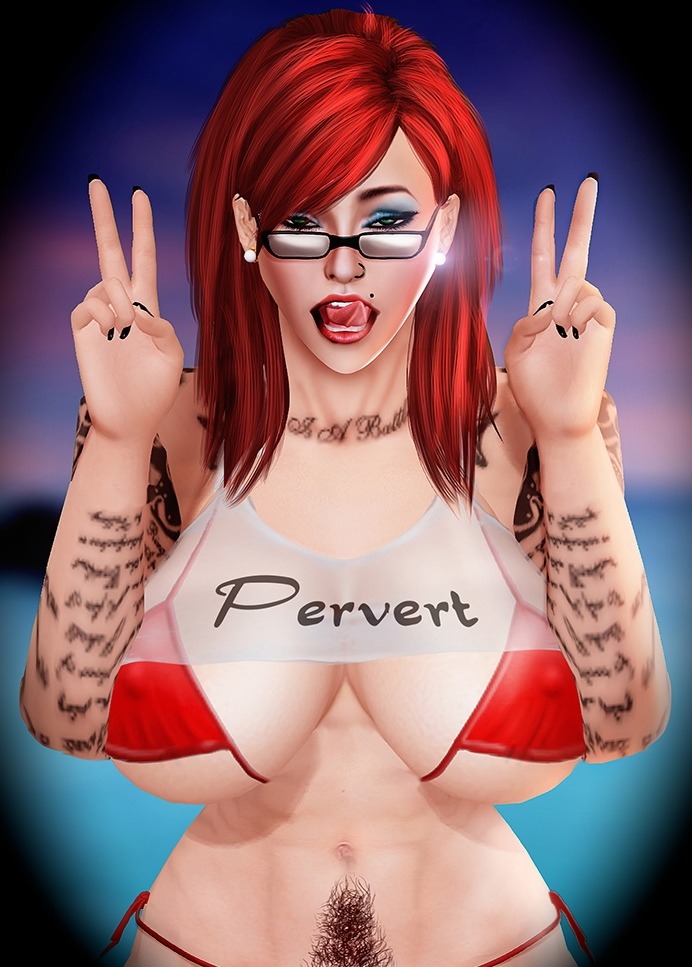 3d big_breasts bikini clothed clothing female female_only futarika glasses light-skinned_female mostly_nude pubic_hair standing tattoo