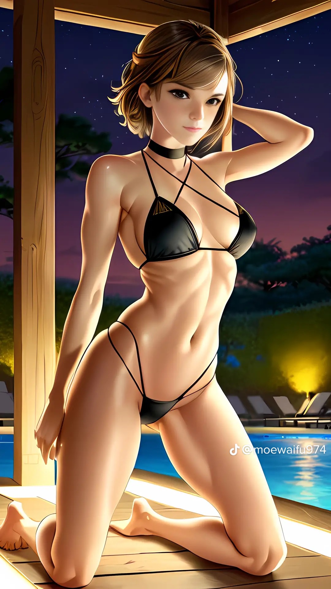 ai_generated at_night big_breasts bikini black_bikini black_choker brunette celebrity choker dark_eyes emma_watson harry_potter hermione_granger moewaifu974 nighttime real_person skinny string_bikini swimming_pool teen teen_girl teenage_girl teenager tight_fit tiktok