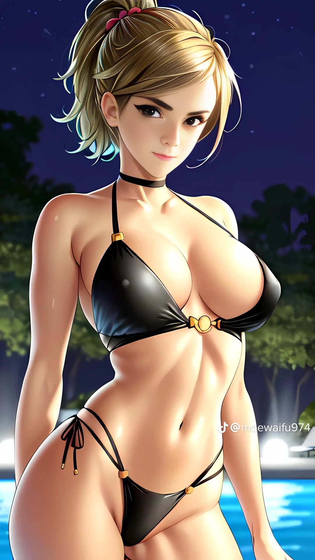 1girls, ai generated, at night, big breasts, bikini, black bikini, black choker, breasts, celebrity, choker, dark eyes, emma watson, female, female only, gryffindor, harry potter, hermione granger, moewaifu974, nighttime, nipple bulge, real person, skinny, solo, solo female, swimming pool, teenage female, teenager, tight fit, tiktok, witch (harry potter)
