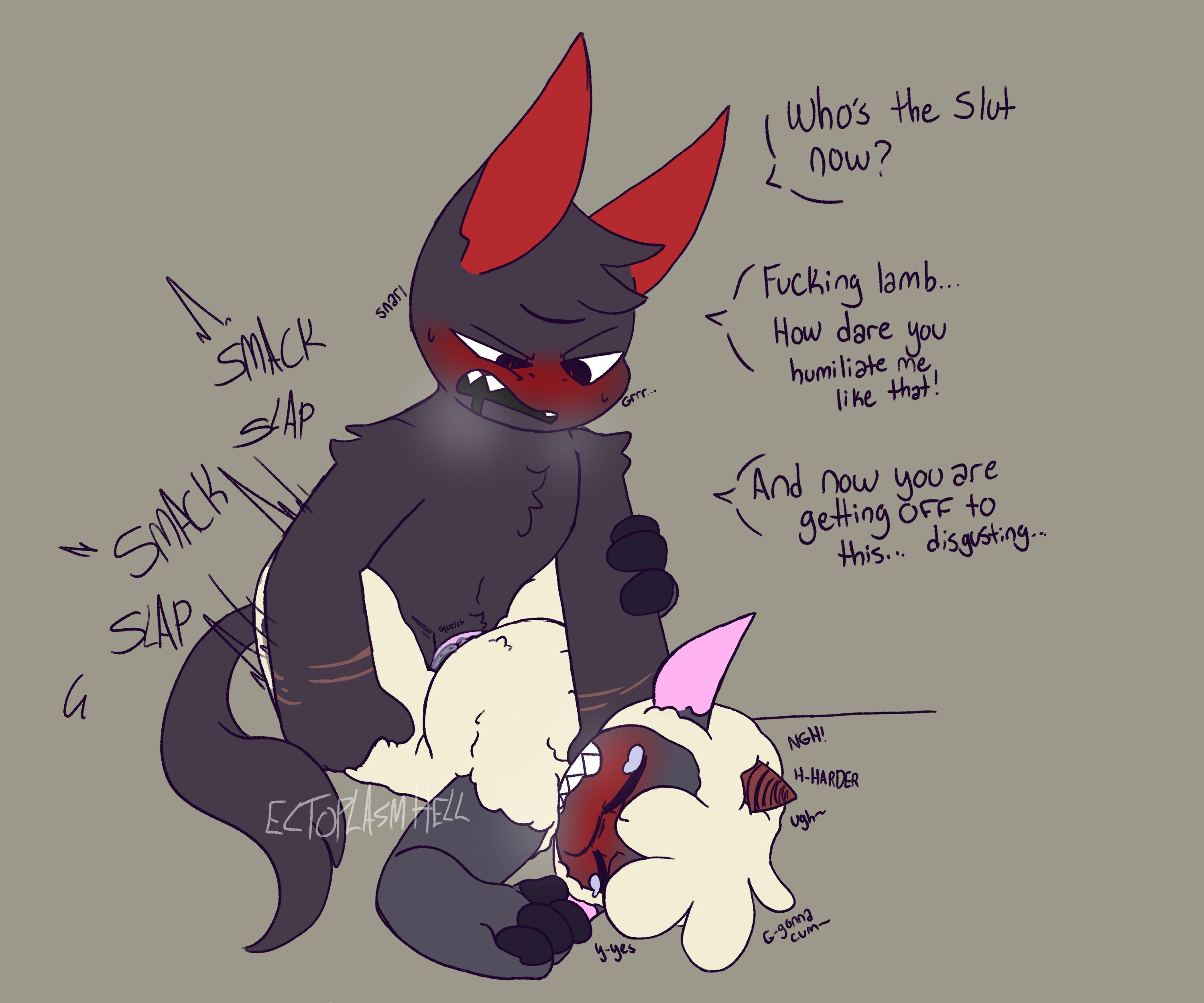 black body, black fur, choking, claw marks, collar, consensual, cult of the lamb, degradation, dominant male, horn, horns, lamb, lamb (cult of the lamb), leash, male, narinder, red face, switch, text, text bubble, the one who waits