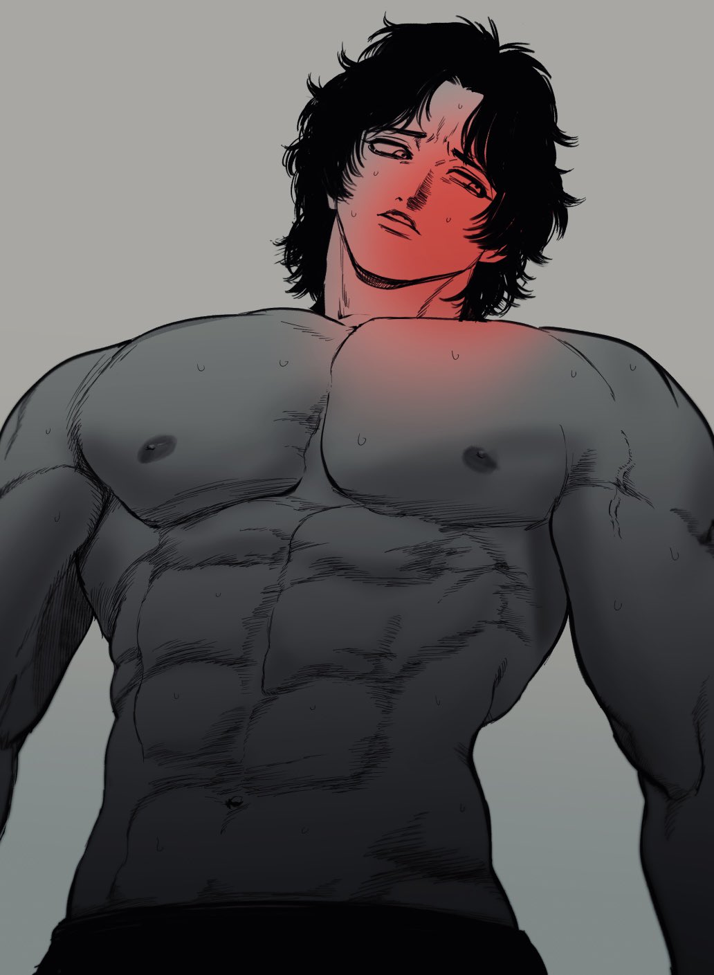 abs big_pecs bishonen bishounen curly_hair el_golyat gaoh_ryuki kengan_(series) kengan_omega looking_away low-angle_view male male_only muscular muscular_male pecs solo spot_color sweat topless topless_male upper_body veiny_muscles