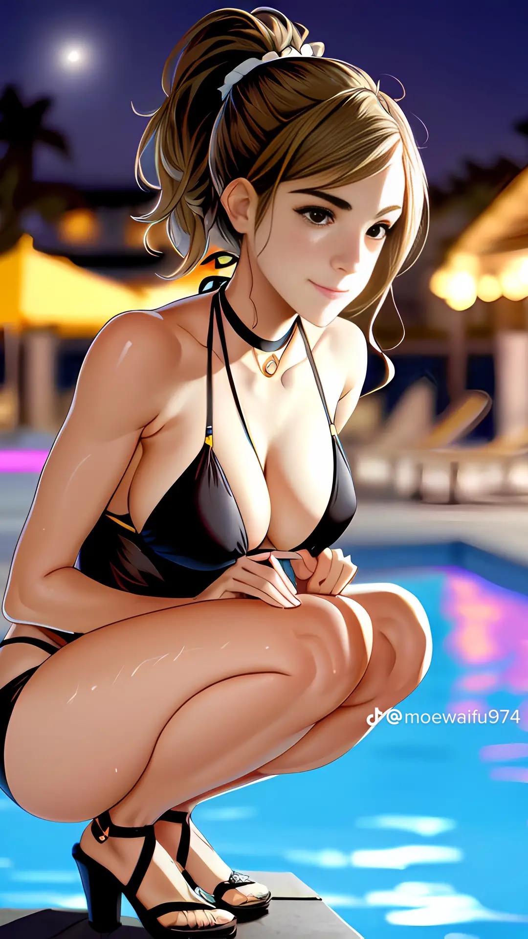 1girls, ai generated, ai hands, at night, big breasts, bikini, bikini top, black choker, black shoes, black swimsuit, breasts, celebrity, choker, dark eyes, emma watson, female, female only, gryffindor, harry potter, heels, hermione granger, high heels, moewaifu974, nighttime, pumps, real person, skinny, solo, solo female, swimming pool, teenage female, teenager, tight fit, tiktok, witch (harry potter)