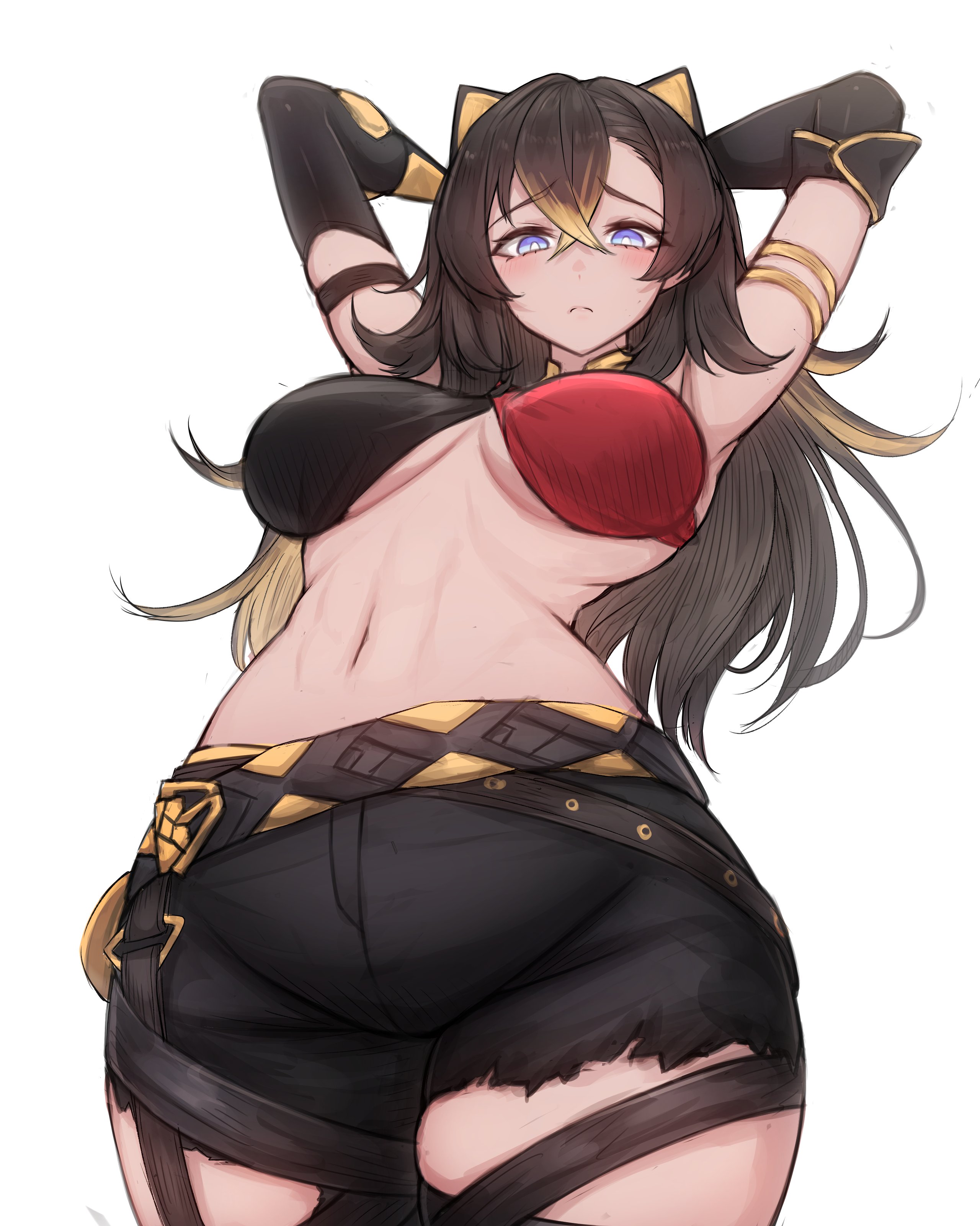 black hair, blue eyes, blush, breasts, dehya (genshin impact), female, genshin impact, hands behind head, long hair, looking at viewer, midriff, rikuguma, shorts, tagme