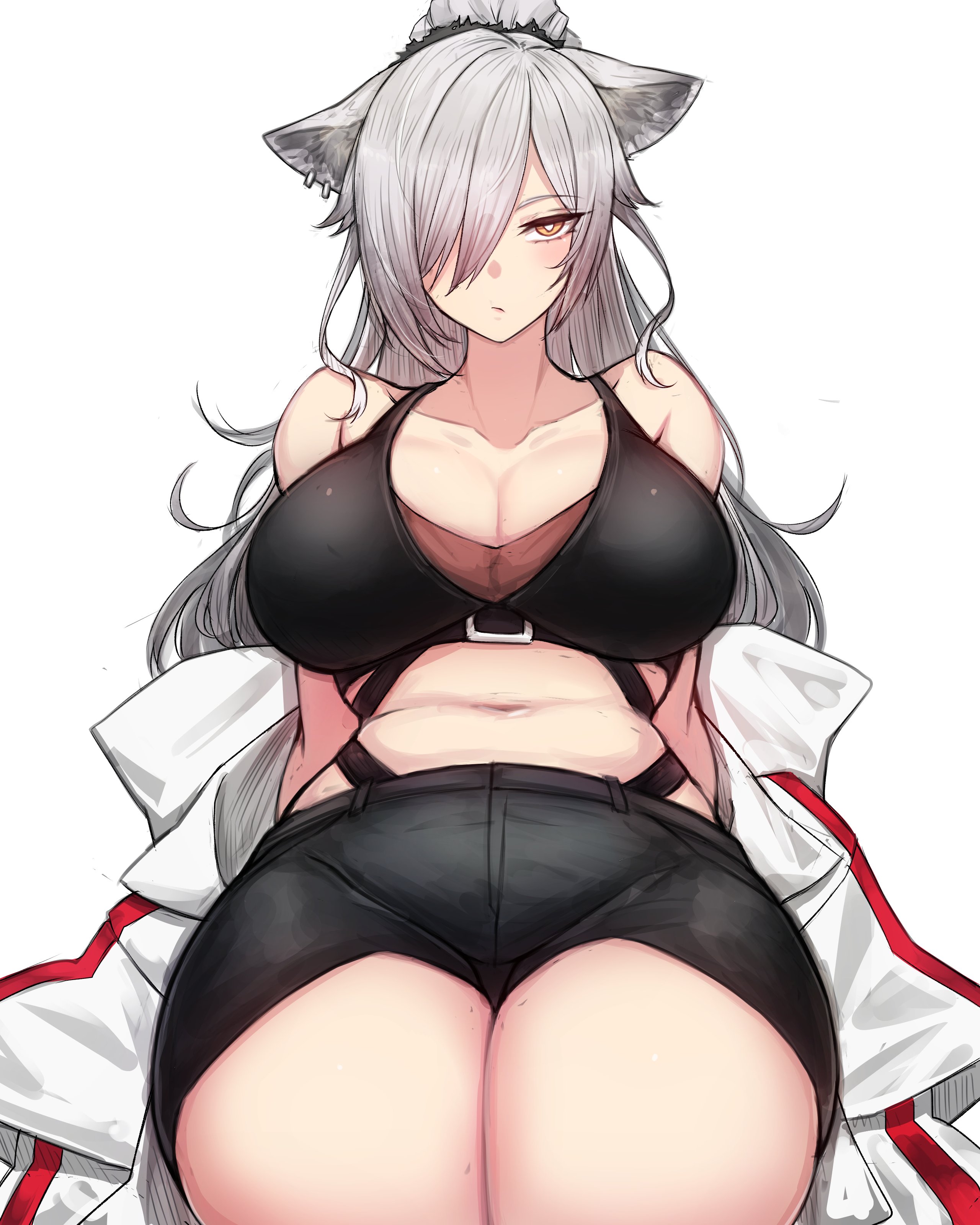 :/, 1girls, animal ear fluff, animal ears, arknights, arms behind back, bare shoulders, belly, belly button, big breasts, big thighs, bikini, bikini top, bra, breasts, brown eyes, busty, cat ears, cat girl, cleavage, collarbone, curvaceous, curvy, emotionless, expressionless, female, female only, giant breasts, grey hair, hair covering eye, hair over one eye, hips, huge breasts, huge thighs, hyper thighs, jacket, jacket on shoulders, jacket partially removed, large breasts, large thighs, legs, light skin, light-skinned female, long hair, long sleeves, looking at viewer, massive breasts, massive thighs, midriff, navel, one eye covered, ponytail, rikuguma, schwarz (arknights), seductive, seductive look, seductive pose, short shorts, shorts, simple background, sitting, solo, solo female, sports bra, stomach, tagme, thick legs, thick thighs, thighs, tight clothing, very long hair, voluptuous, waist, wasp waist, white background, wide hips, wide sleeves, wide thighs