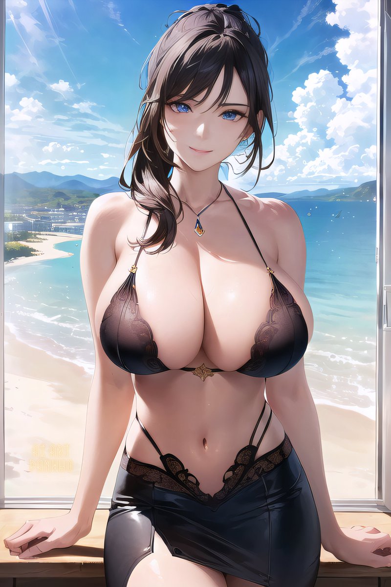 1girls, ai generated, bikini top, blue eyes, breasts, brown hair, cleavage, female, huge breasts, light skin, light-skinned female, long hair, navel, original, original character, slim waist, stable diffusion