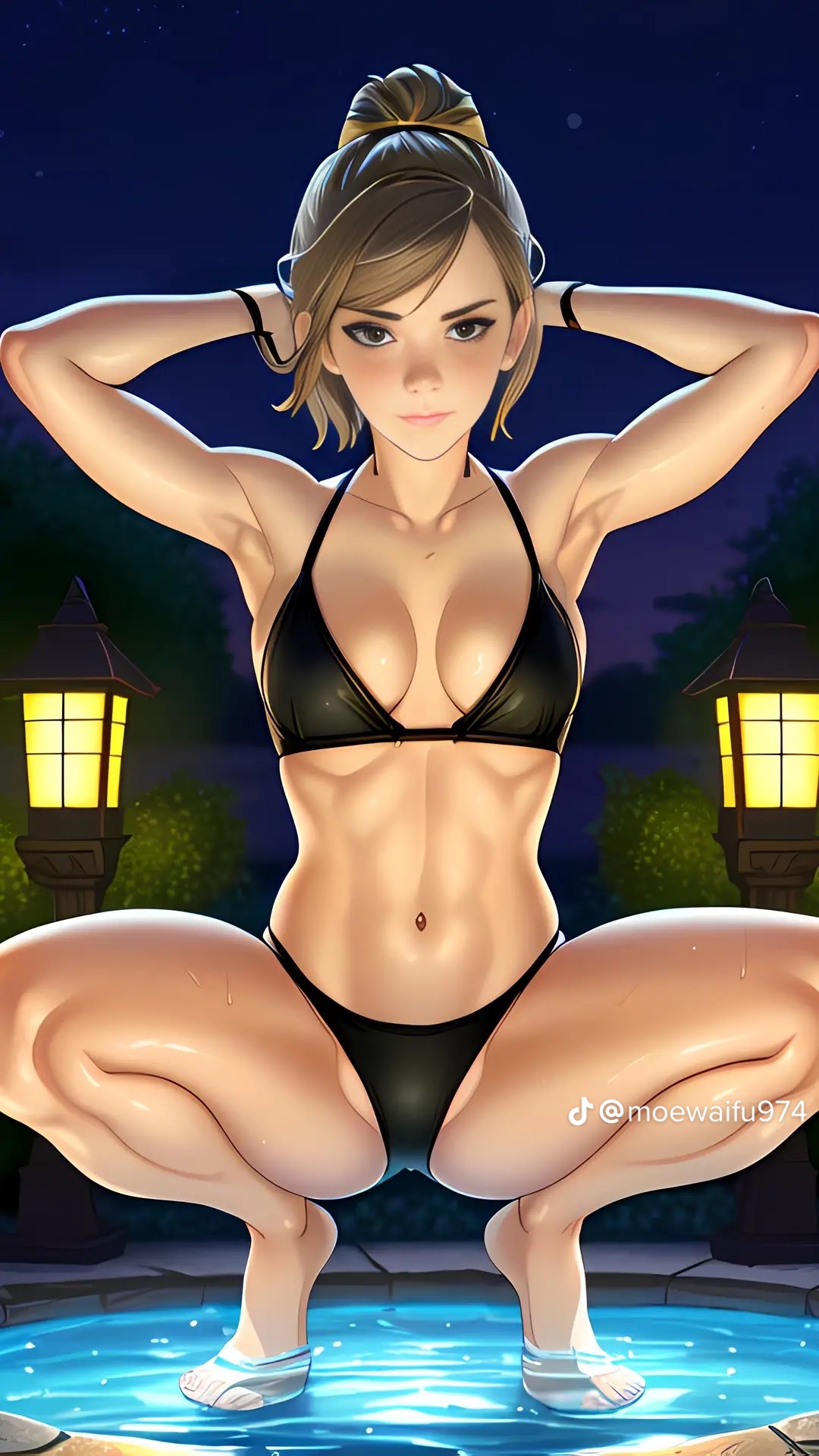 ai_generated at_night big_breasts bikini black_bikini celebrity dark_eyes emma_watson hands_behind_head harry_potter hermione_granger legs_spread medium_breasts moewaifu974 nighttime pool real_person skinny teen teen_girl teenage_girl teenager tight_fit tiktok wristband