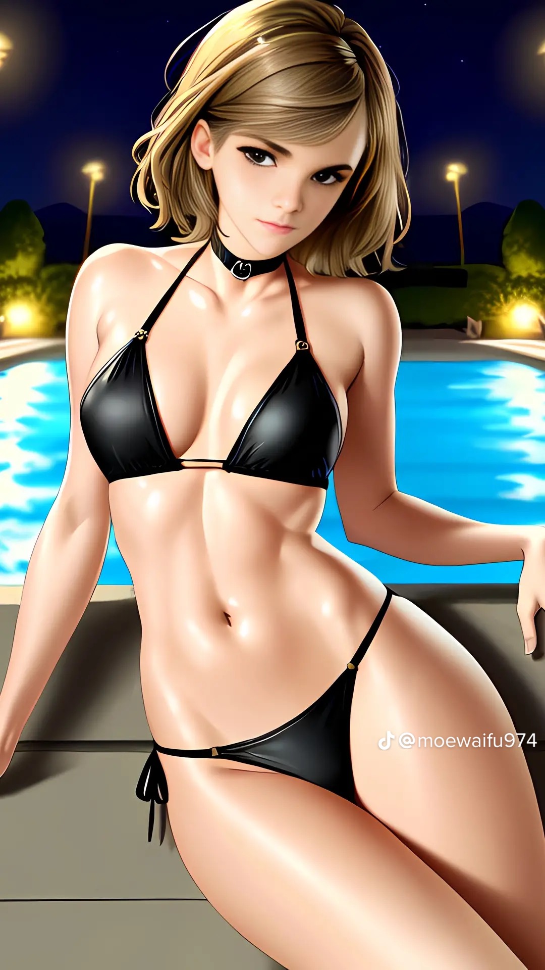 ai_generated at_night big_breasts bikini black_bikini black_choker celebrity choker dark_eyes emma_watson harry_potter hermione_granger moewaifu974 nighttime real_person skinny swimming_pool teen teen_girl teenage_girl teenager tight_fit tiktok