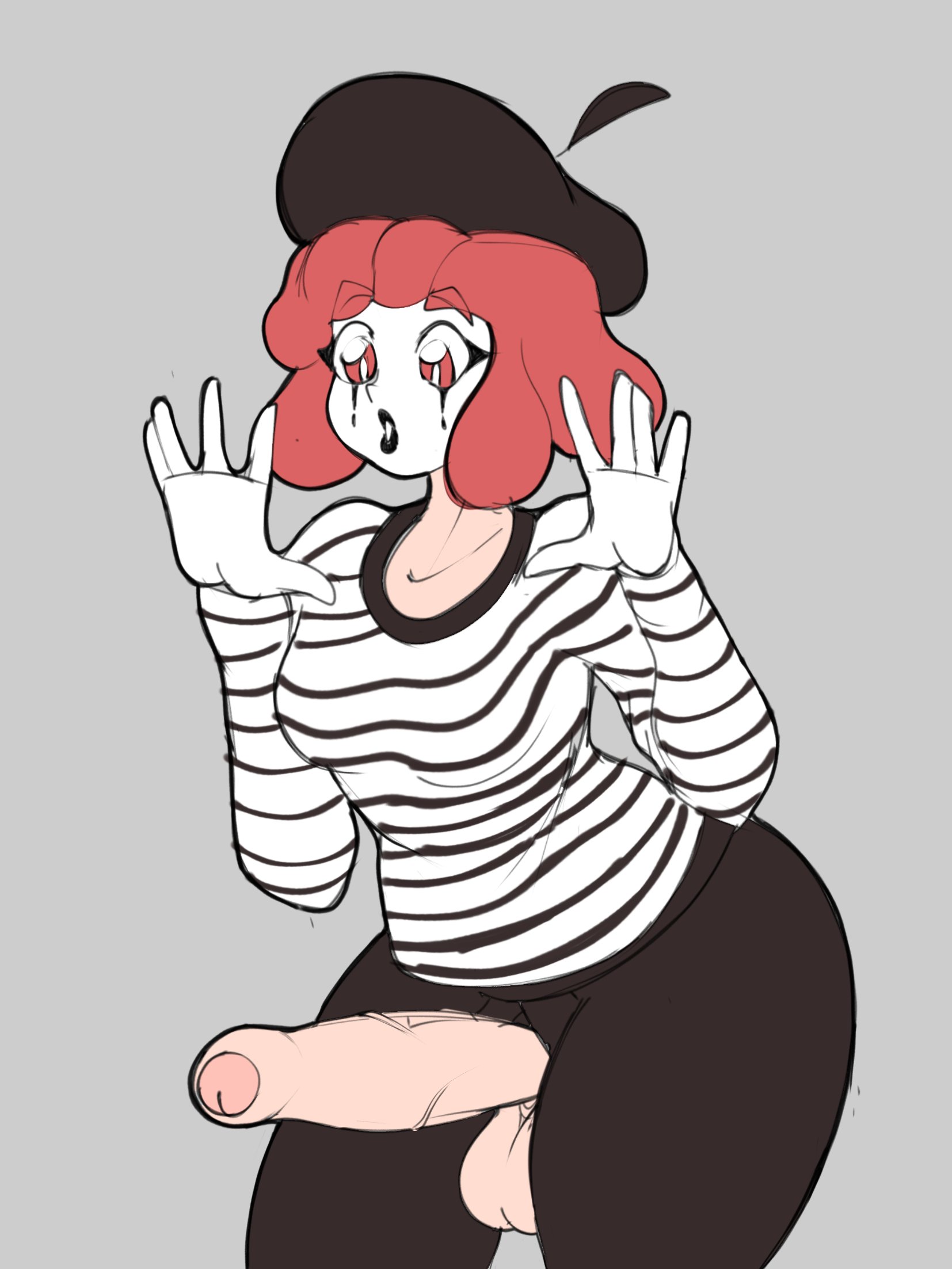 1futa, 2021, balls, big breasts, big penis, breasts, clothed, clothing, erection, female, foreskin, futa only, futanari, human, intersex, light skin, light-skinned futa, medium breasts, mime, mime girl, mime makeup, mimic, mostly clothed, partially retracted foreskin, penis, red hair, retracted foreskin, short hair, solo, standing, uncircumcised, uncut, yxxzoid