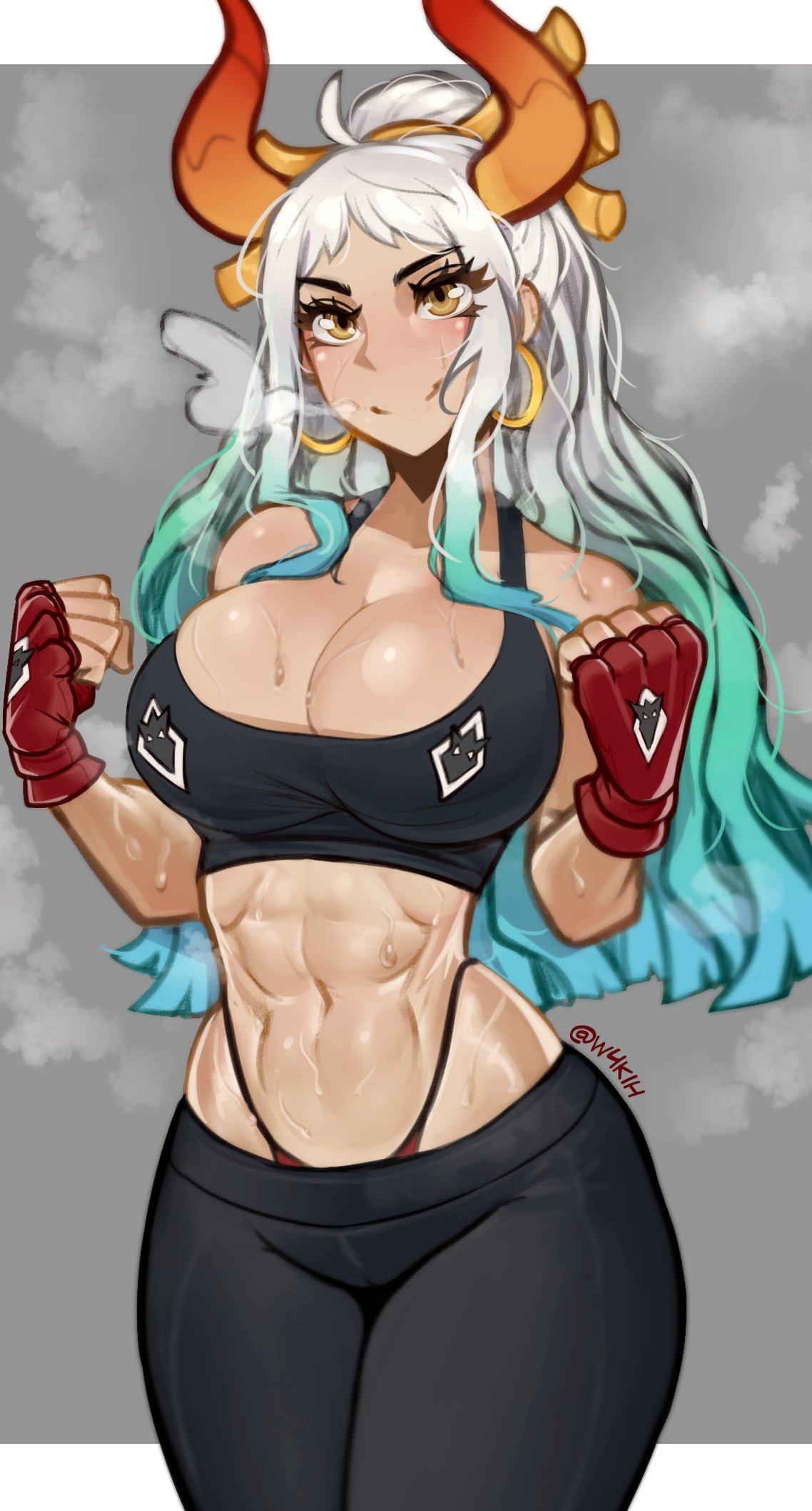 1girls, 2d, abs, blush, breasts, female, female only, fit, fit female, gloves, green hair, horns, huge breasts, long hair, looking at viewer, navel, one piece, sports bra, sportswear, sweat, sweaty body, thong, two-tone hair, visible breath, w4kih, white hair, yamato (one piece), yoga pants