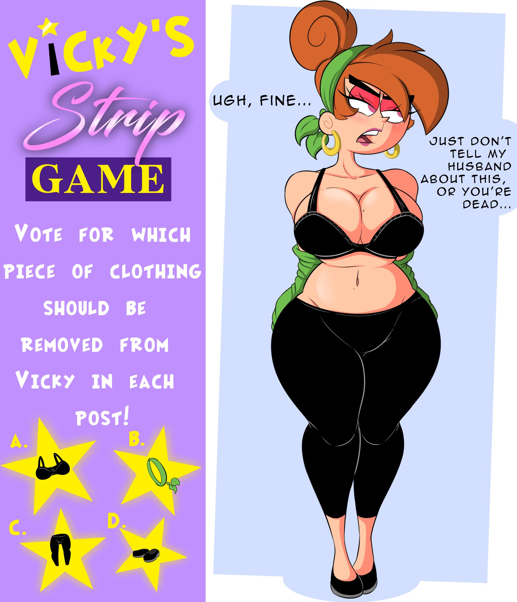 1girls, aged up, big breasts, blush, bra, breasts, dialogue, ear piercing, earrings, eyelashes, female, female only, green sweater, large breasts, lipstick, looking at viewer, makeup, mature, mature female, milf, nickelodeon, open mouth, orange hair, pink eyes, shirtless, straight hair, strip game, stripping, sweater, teenagebratwurst, teeth, the fairly oddparents, thick thighs, tongue, top heavy, twitter poll series, upper teeth, vicky (fairly odd parents), wide hips