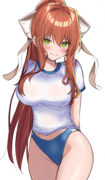 big breasts, breasts, doki doki literature club, female, gym uniform, monika (doki doki literature club), sweat, sweatdrop