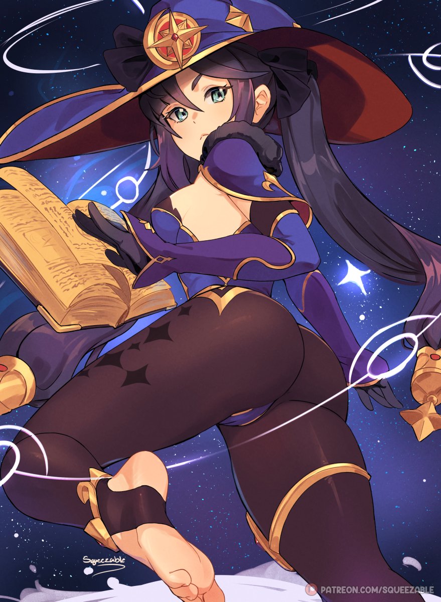 1girls, armwear, ass, big ass, blue eyes, book, breasts, clothing, feet, female, female only, genshin impact, hat, headwear, huge ass, leggings, legwear, leotard, mona (genshin impact), purple hair, solo, solo female, squeezable, stirrup legwear, thighs, twintails, witch, witch hat