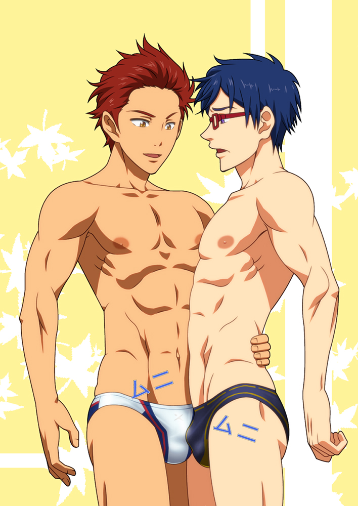 2boys blue_hair bulge dick_pals free! ginger glasses male_only mikoshiba_seijuurou muscular muscular_male red_hair rei_ryugazaki ryuugazaki_rei speedo yaoi