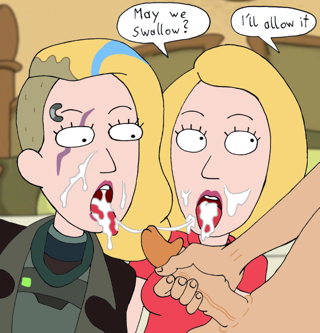 1boy 2girls accurate_art_style anonymanonymus beth_smith canon_couple canonical_sex cum cum_on_face cum_on_tongue english_text female husband_and_wife jerry_smith male multiple_girls partial_male penis rick_and_morty space_beth swingers text