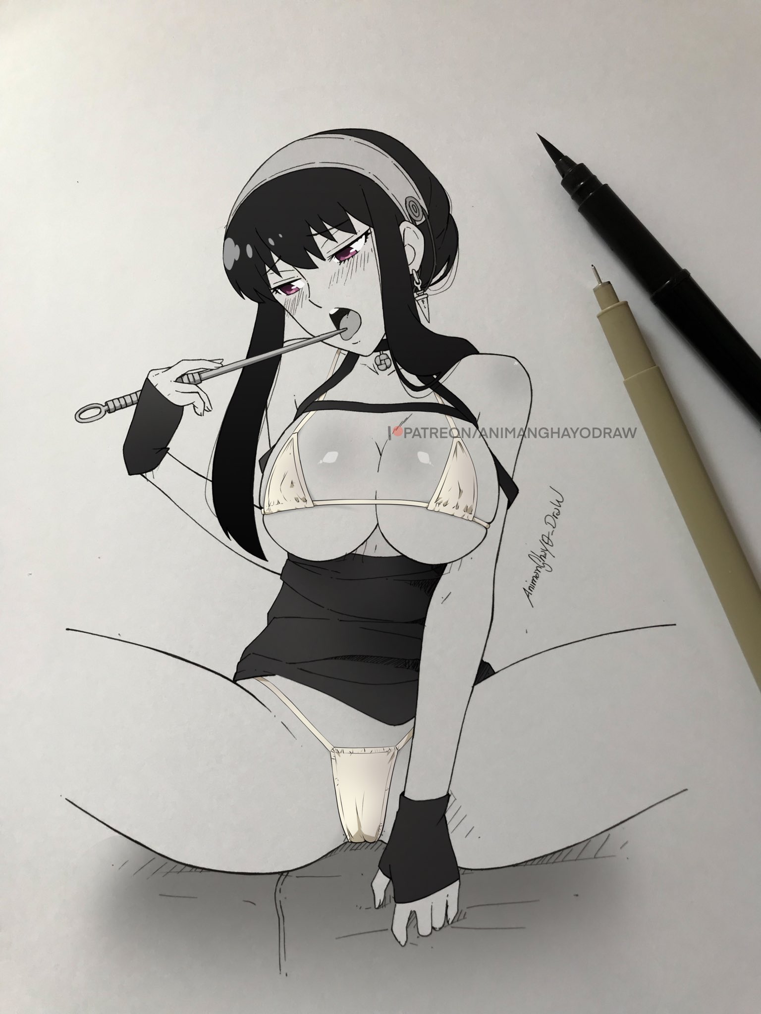 1girls, animanghayodraw, assassin, big breasts, black hair, black skin, blush, breasts, doodle, drawing, earrings, female, female human, female only, gloves, human, legs, legs held open, legs up, long hair, mature female, monochrome, needle, panties, red eyes, seductive, seductive look, seductive mouth, sketch, solo, spy x family, stiletto (weapon), thorn princess, tongue, white body, white bra, white panties, yor briar, yor forger