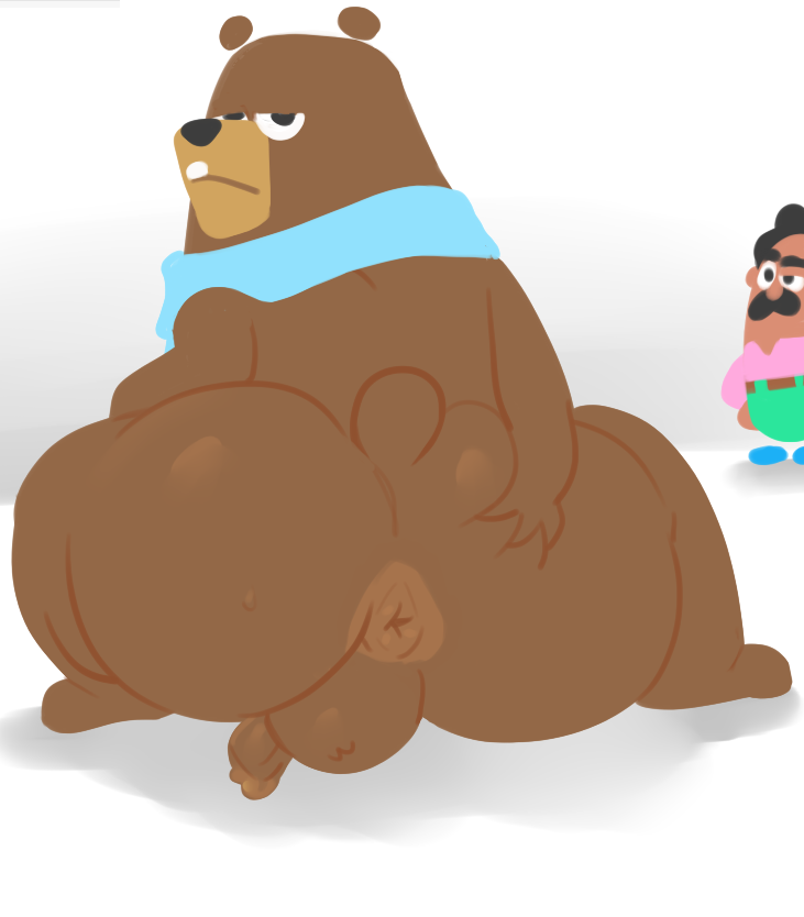 anthro anus ass bear brown_body brown_fur duolingo falstaff_(duolingo) fur lostwisdom male male/male male_only mammal no_outlines oscar_(duolingo) scarf solo teeth