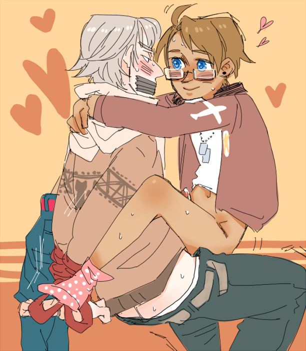 alfred_jones america_(hetalia) axis_powers_hetalia blue_eyes blush brown_hair dog_tags earrings gagged glasses ivan_braginski jacket jeans pants_removed polka_dot russia_(hetalia) short_hair smile sweater tape_gag white_hair white_shirt zombiezeemo