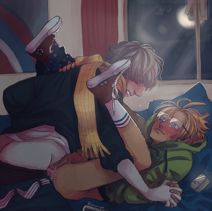 2boys alfred_jones america_(hetalia) anal anal_sex axis_powers_hetalia biting_lip biting_own_lip blue_eyes blush gay glasses holding_hands ivan_braginski male male_only poster russia_(hetalia) scarf shoes socks tears window yaoi zombiezeemo