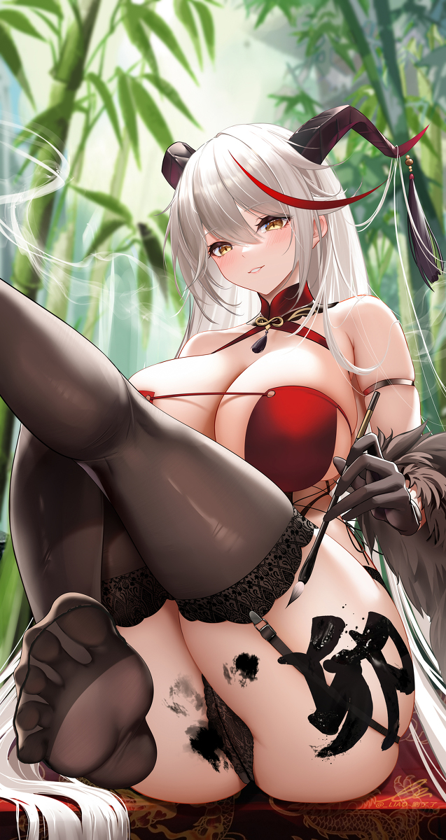 1girls, aegir (azur lane), ass, azur lane, big ass, blush, breasts, cleavage, clothed, detailed background, feet, female, female focus, female only, foot fetish, hair between eyes, high resolution, highres, horn, horns, large breasts, legs, light skin, light-skinned female, liu liaoliao, long hair, looking at viewer, multicolored hair, panties, sitting, smile, smiling at viewer, soles, stockings, thick thighs, thighhighs, toes, twintails, white hair, yellow eyes