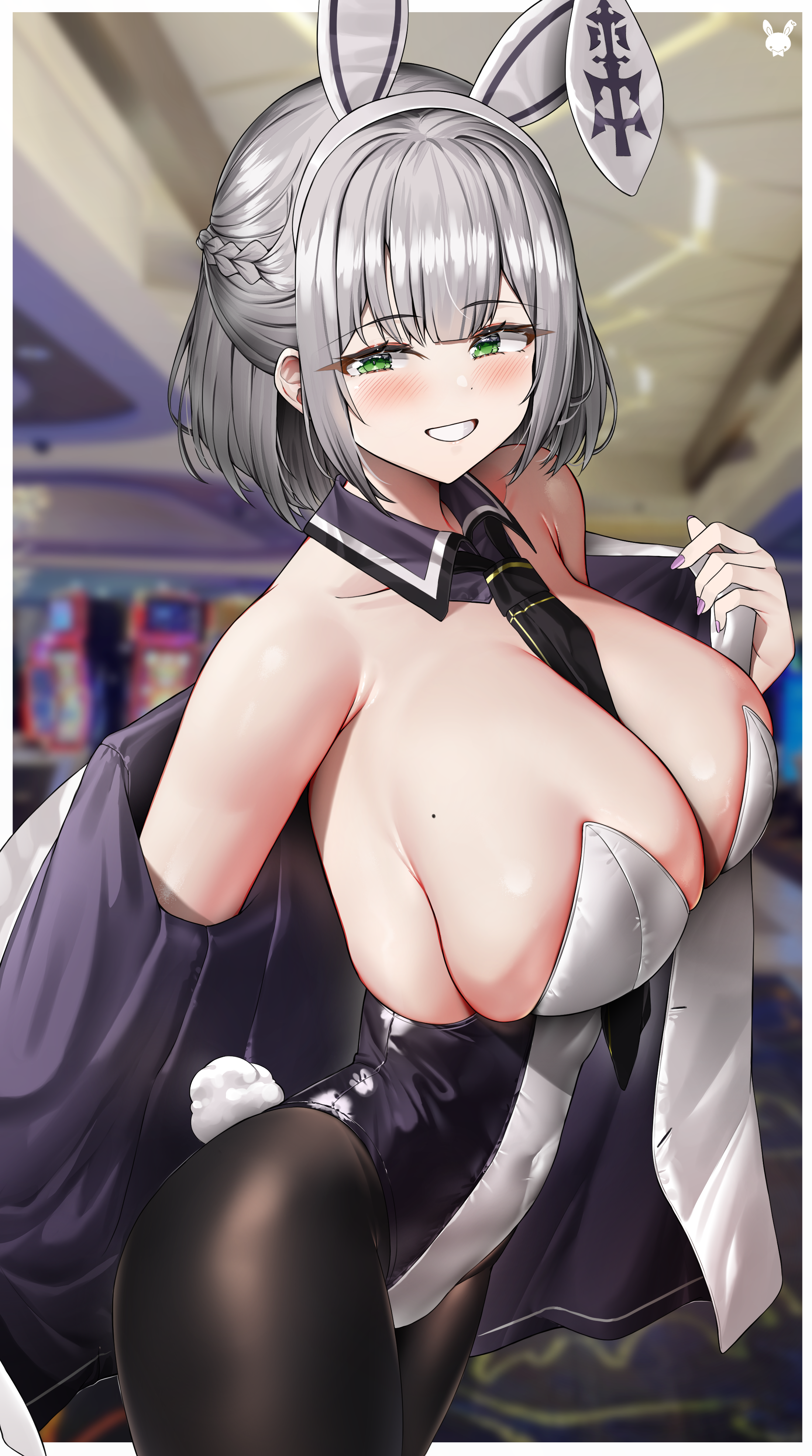 1girls, black leotard, breasts, bunny ears, bunny girl, bunnysuit, female, green eyes, highleg leotard, hololive, hololive fantasy, hololive japan, huge breasts, kuse (0201), leotard, light skin, light-skinned female, shirogane noel, short hair, silver hair, smile, virtual youtuber