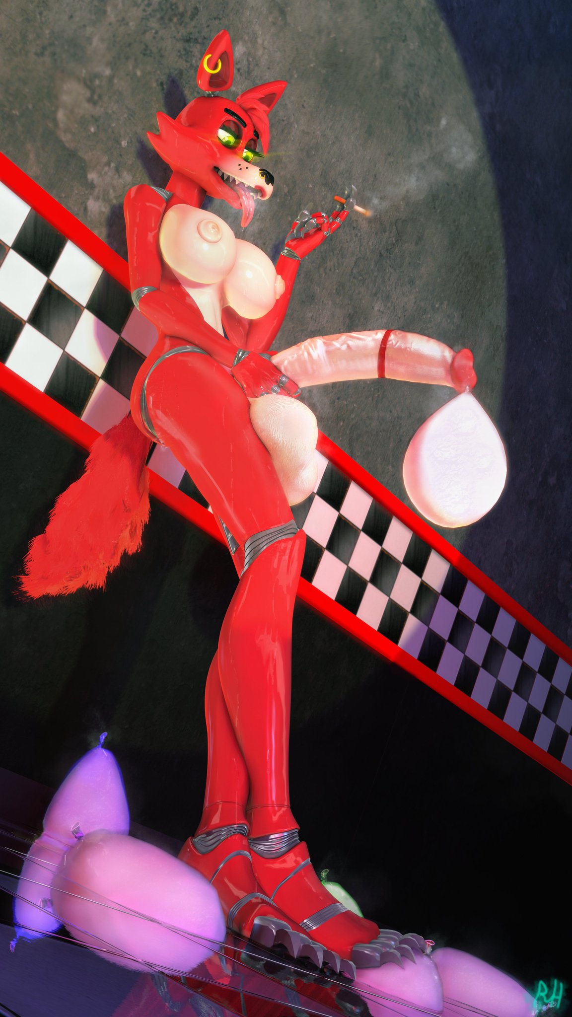 1futa, 3d, animatronic, anthro, balls, big balls, big breasts, big penis, breasts, canine, cigarette, condom, condom balloon, condom filling, five nights at freddy's, fox, foxy (fnaf), futa only, futanari, green eyes, huge balls, huge cock, intersex, jerkingoff, penis, red body, red hair, rohaz, solo, tongue, tongue out