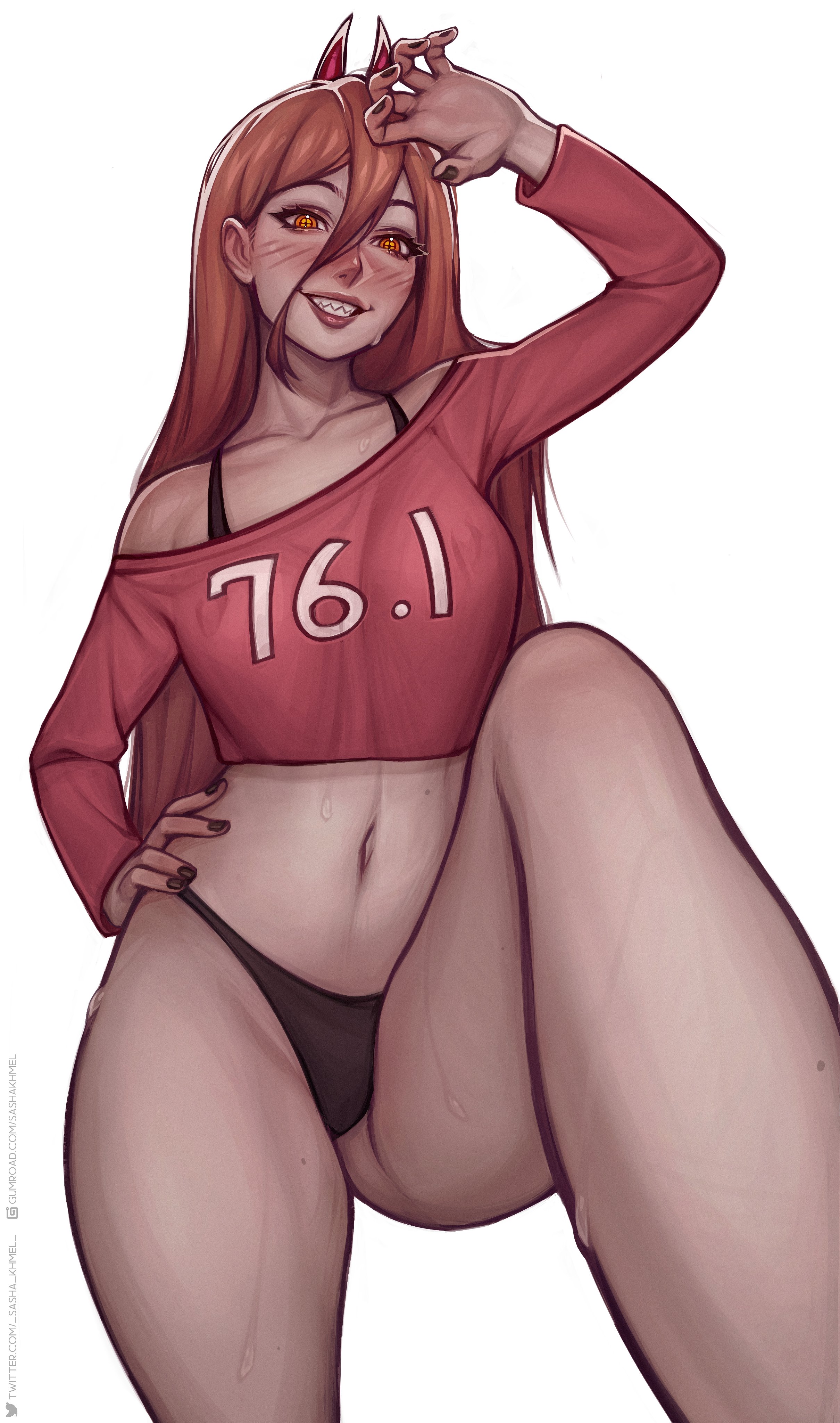 1girls, absurd res, bare shoulders, blush, chainsaw man, female, female only, horns, long hair, looking at viewer, orange eyes, panties, partially clothed, power (chainsaw man), sasha khmel, sharp teeth, shirt, smiling, smiling at viewer, solo, symbol-shaped pupils, teeth showing, white background