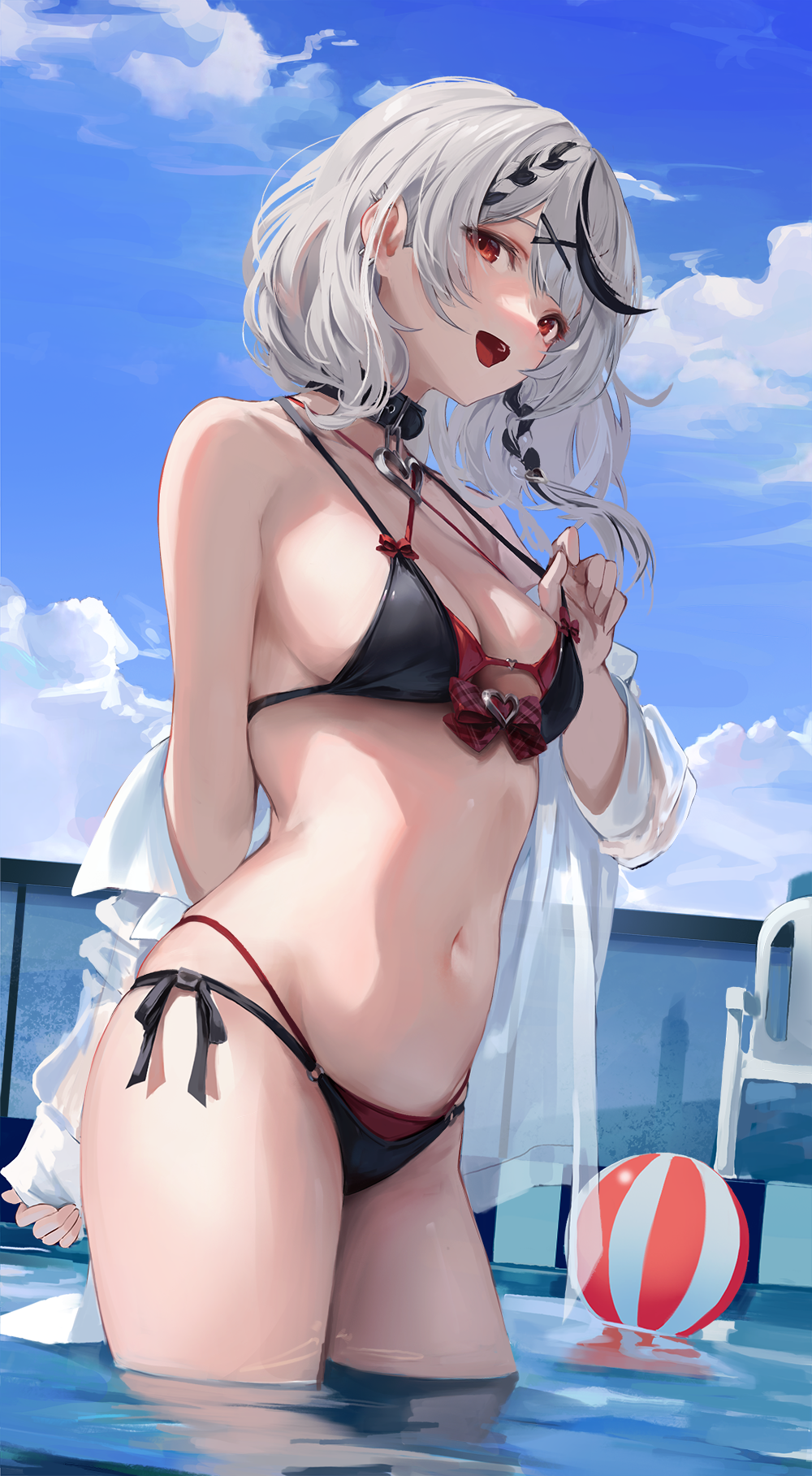 bikini hiki_niito hiki_nito hololive hololive_japan holox open_mouth panties pool red_eyes sakamata_chloe side-tie_bikini side-tie_panties silver_hair tagme virtual_youtuber