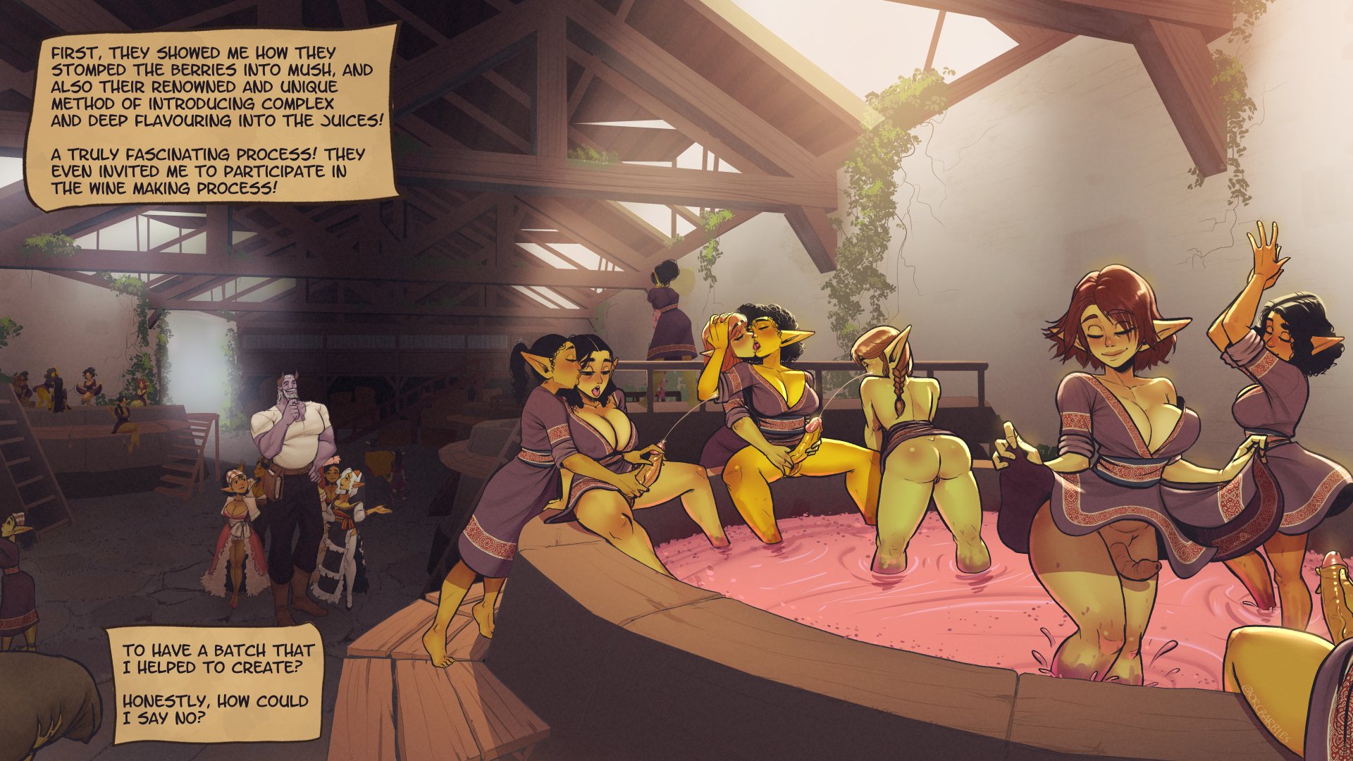 1boy, 4futas, 6+girls, ass, background character, big breasts, big penis, bottomless, breasts, clitoral futa, clitoris, clothed, clothing, cum, cumshot, dancing, detailed background, ejaculation, english text, erection, female, futa on futa, futa sans balls, futanari, goblin, goblin futa, goblin town, green skin, handjob, hi res, humanoid, humanoid penis, intersex, kissing, male, mostly clothed, multiple futa, orcbarbies, orgasm, orgy, penis, pointy ears, pussy, reach around, sex, shortstack, sitting, standing, text box, wine