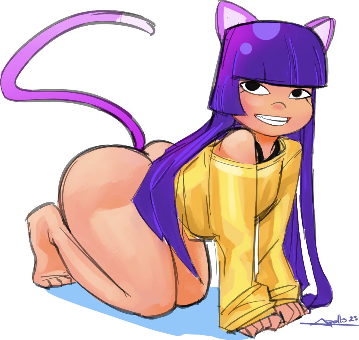 all_fours anal_tail apollo_one ass bare_legs barefoot big_ass black_eyes bottomless bra_strap cat_ears cat_tail catgirl female_only glitch_techs hime_cut huge_ass looking_to_the_side loose_clothes loose_shirt miko_kubota on_all_fours purple_hair sex_toy small_breasts smile thick_thighs very_long_hair