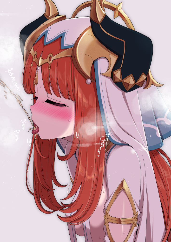 1girls blush breath censored closed_eyes drinking_pee fake_horns female genshin_impact hanauna headdress heart heart-shaped_pupils horns long_hair nilou_(genshin_impact) peeing red_hair simple_background solo sound_effects sweat symbol-shaped_pupils tongue tongue_out urine veil white_background