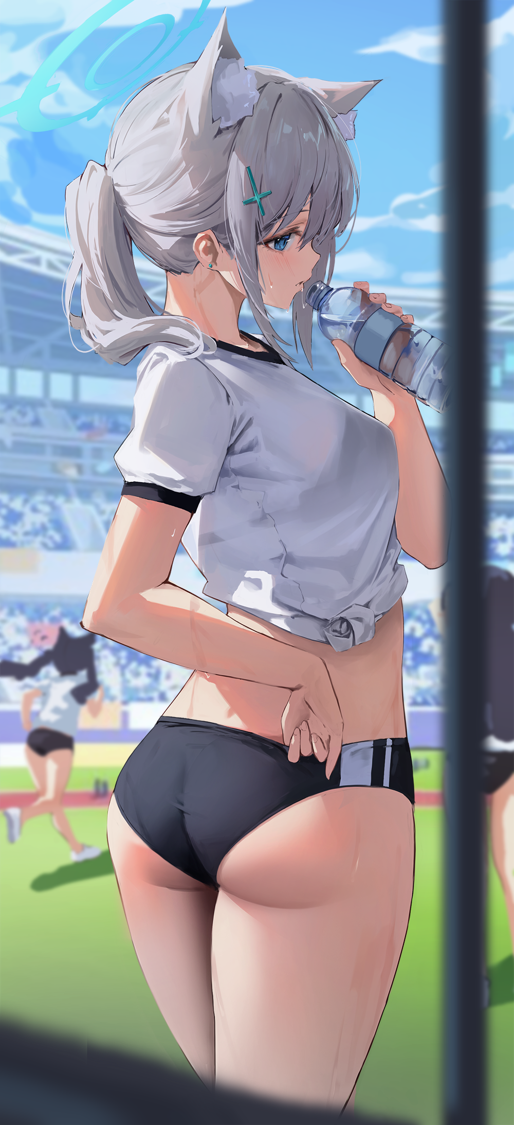 1girls abydos_high_school_student ass bloomers blue_archive blue_eyes booty_shorts buruma cat_ears character_in_background foreclosure_task_force_(blue_archive) from_behind hiki_niito hiki_nito ponytail serika_(blue_archive) shiroko_(blue_archive) shorts silver_hair sportswear sweat tagme wolf_ears wolf_girl