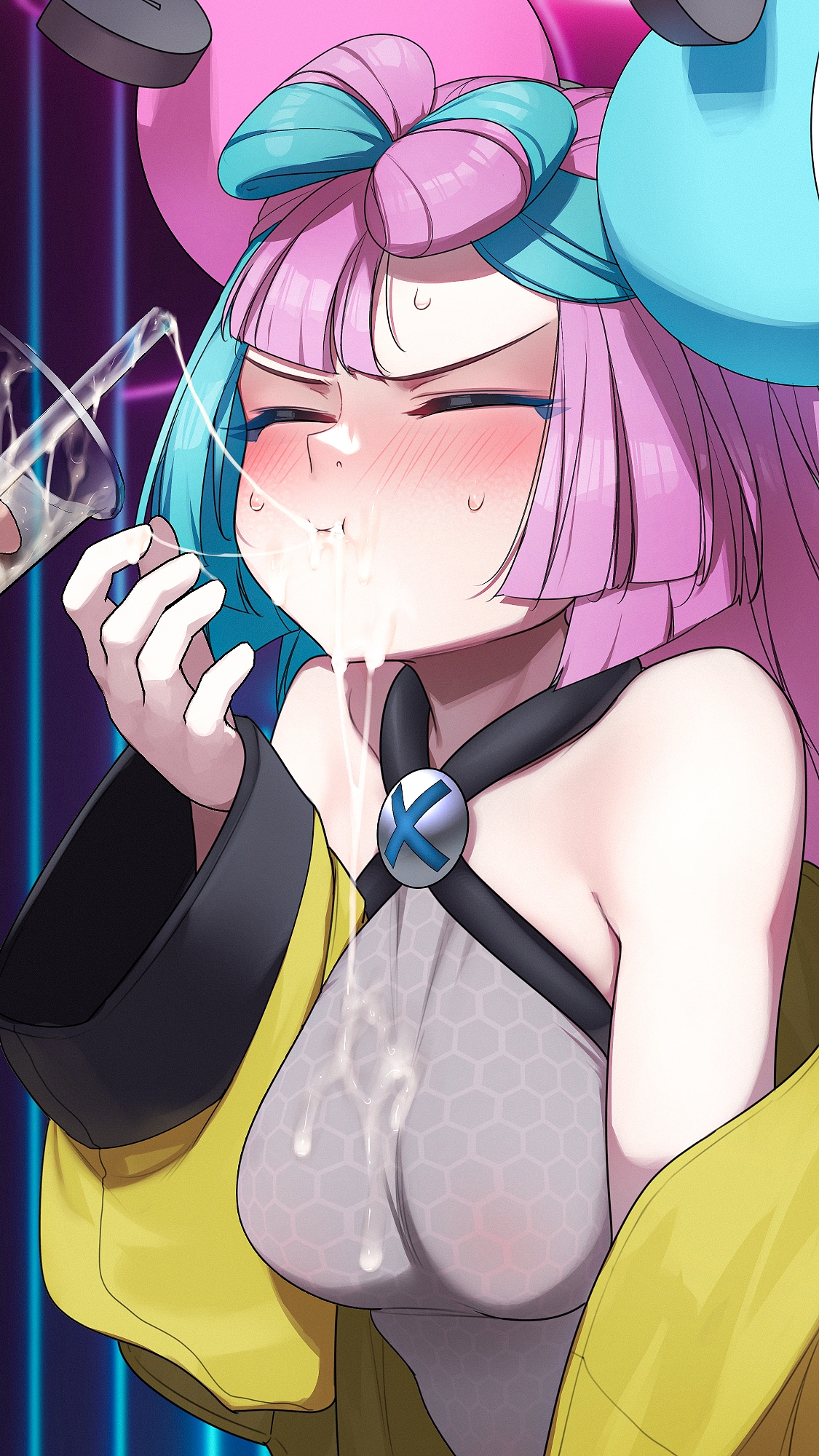 1boy, 1girls, alternate breast size, blue hair, blush, blushing profusely, breasts, clothed, creatures (company), cum, cum drinking, cum in container, female, game freak, gokkun, hi res, high resolution, highres, hizake, iono (pokemon), kashu (hizake), large breasts, light skin, light-skinned female, male, nintendo, pink eyes, pink hair, pokemon, pokemon sv, twintails, two-tone hair