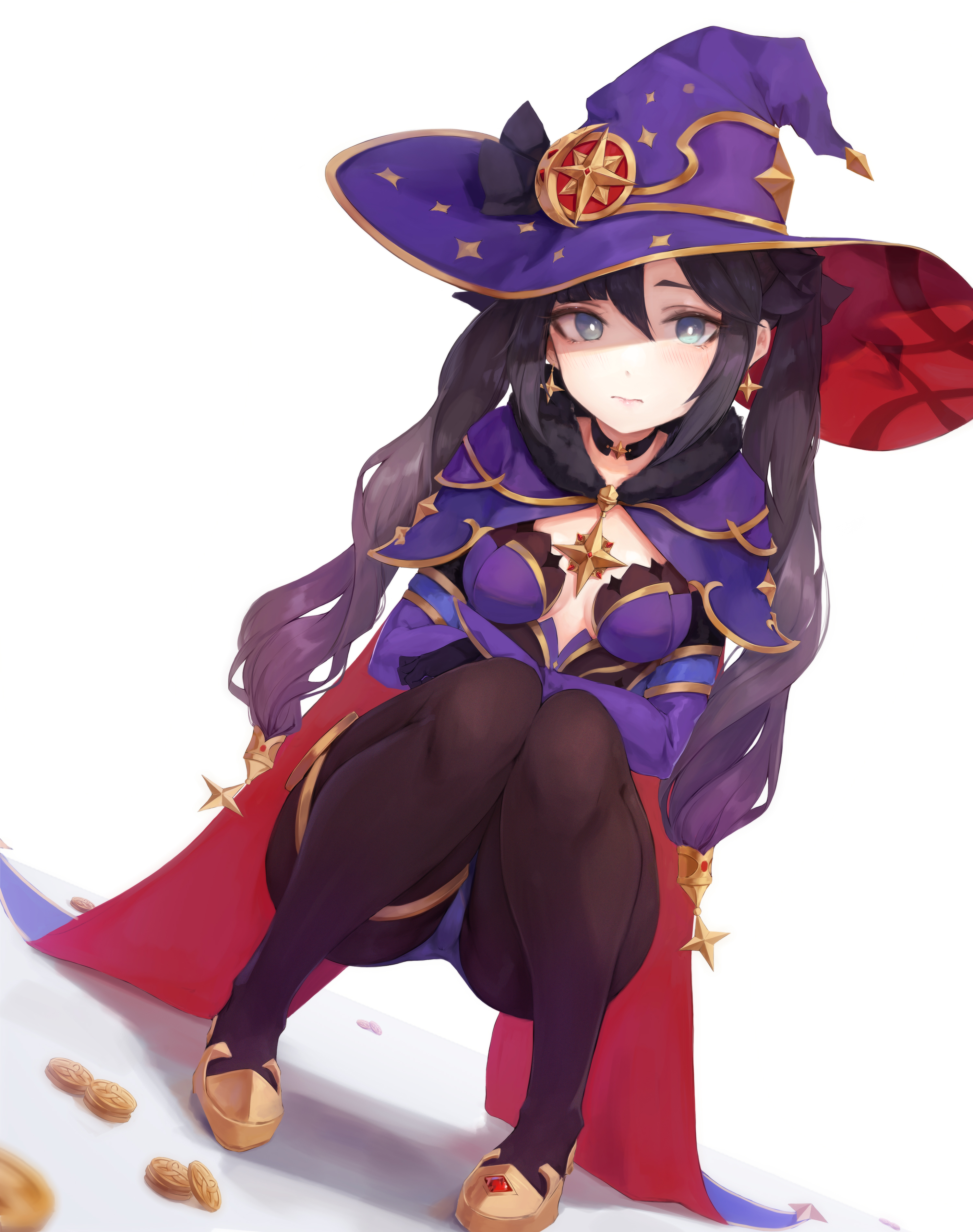 1girls, breasts, choker, crouching, female, fully clothed, genshin impact, leotard, leviathan (hikinito0902), mona (genshin impact), pantyhose, small breasts, twintails, witch hat