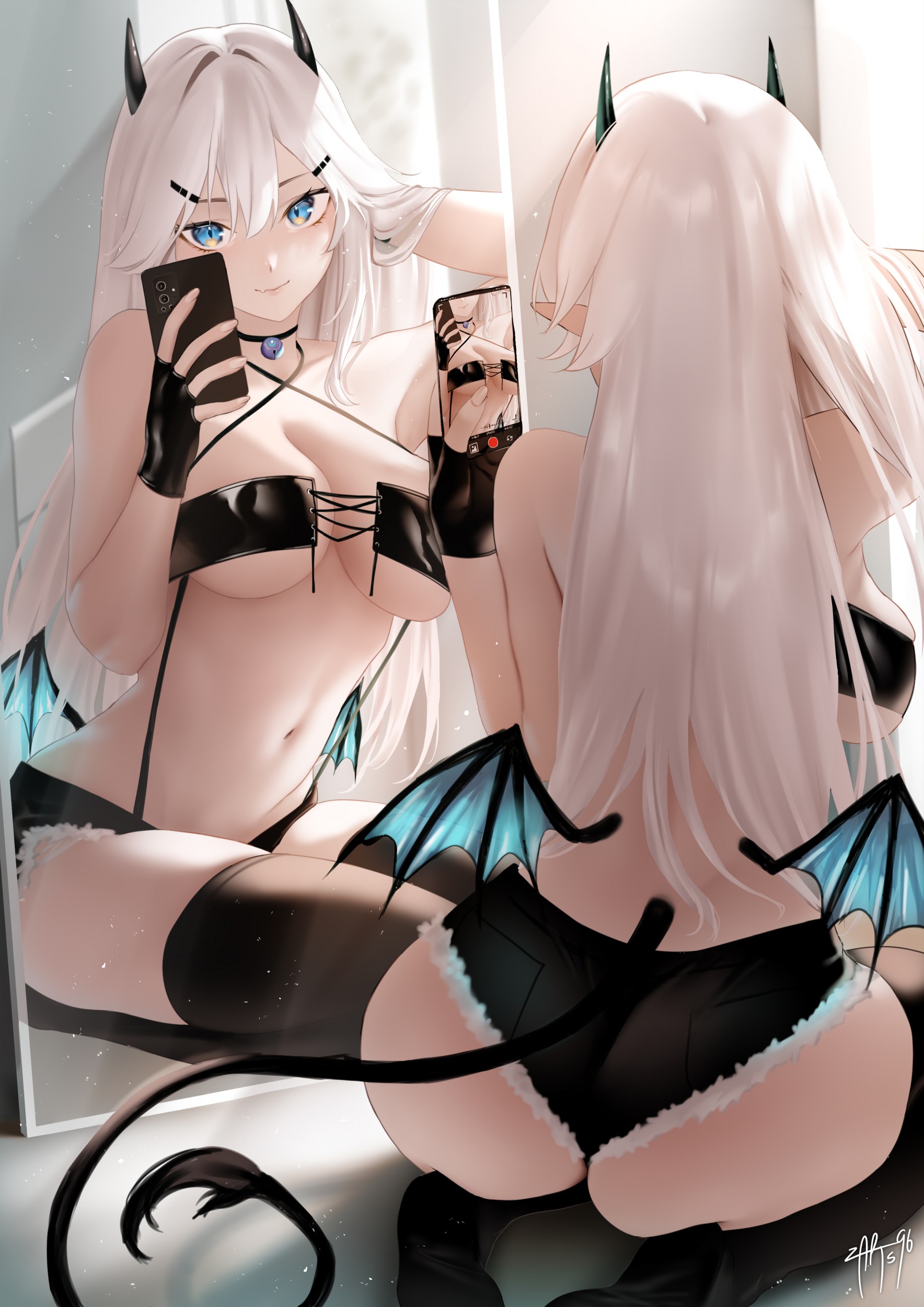 1girls, ass, blue eyes, breasts, demon, denim, denim shorts, female, horns, huge ass, kneeling, large breasts, light skin, light-skinned female, long hair, mirror, revealing clothes, selfie, skindentation, smile, succubus, succubus horns, succubus tail, thick thighs, thighs, veibae, virtual youtuber, vshojo, white hair, wings, zasshu96