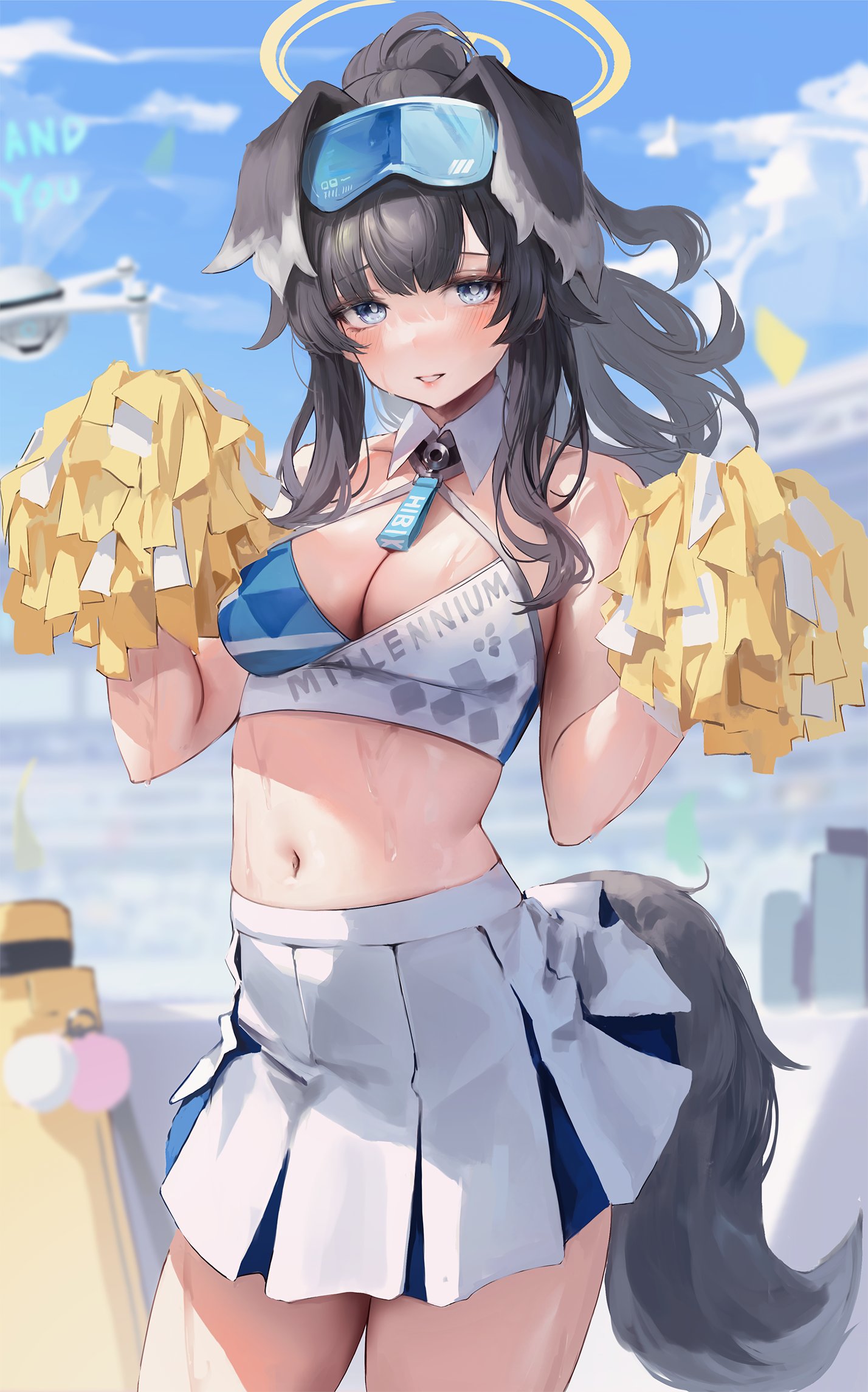 1girls, bad id, blue archive, cheerleader, cheerleader uniform, cleavage, dog ears, dog girl, dog tail, engineering department (blue archive), female, hibiki (blue archive), hibiki (cheerleader) (blue archive), leviathan (hikinito0902), light skin, light-skinned female, millennium cheerleader outfit (blue archive), millennium science school student, pom poms, skirt, sports bra, sweat