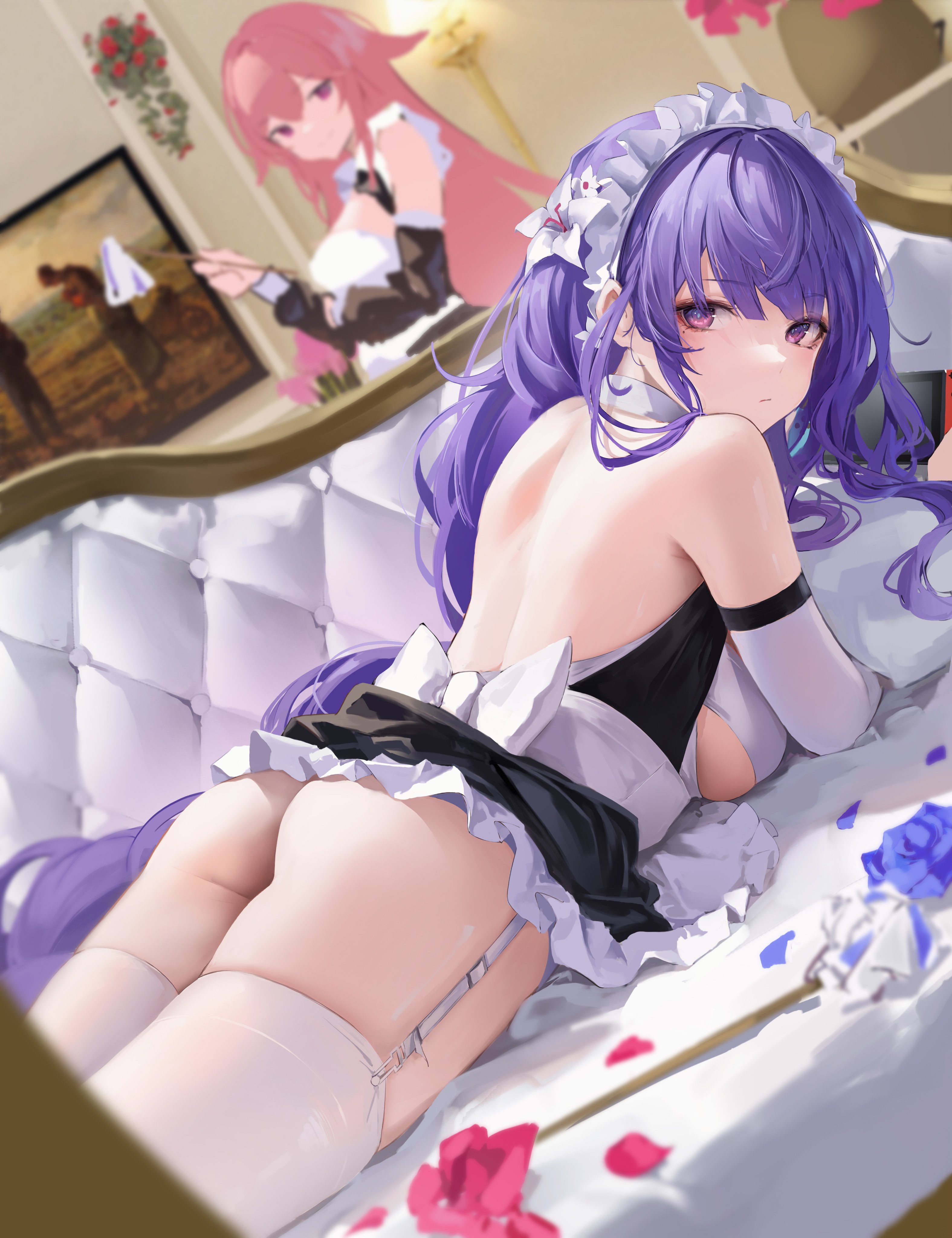 backless outfit, bad id, dress, female, garter belt, genshin impact, laying on stomach, leviathan (hikinito0902), maid, maid headdress, maid uniform, raiden shogun, skirt, tagme, thighhighs, yae miko