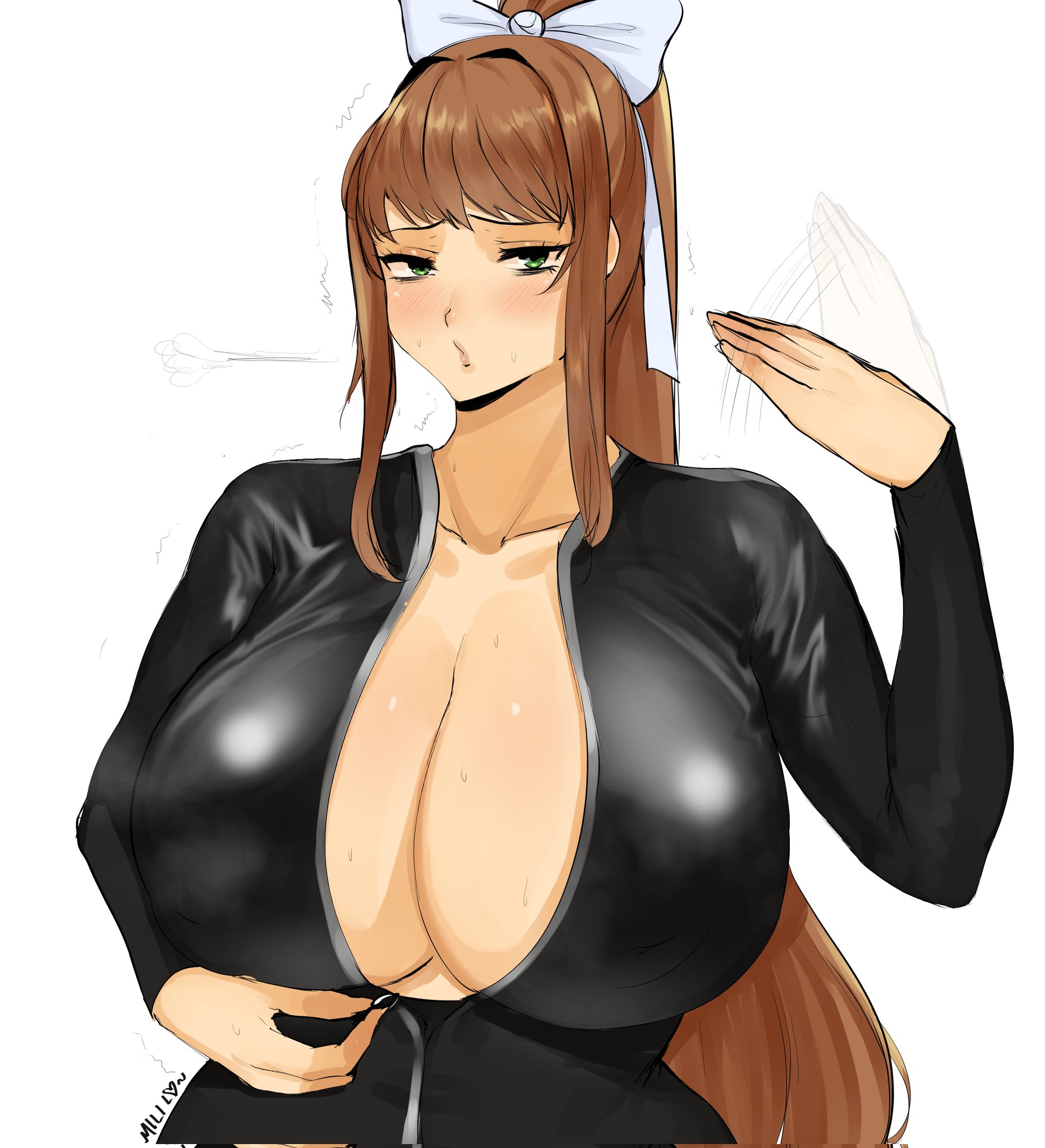 1girls, bodysuit, breasts, brown hair, cleavage, doki doki literature club, female, female only, green eyes, hi res, huge breasts, jumpsuit, large breasts, latex, latex suit, looking at viewer, milileonaorochi, monika (doki doki literature club), shiny clothes, solo, tight clothing, white background