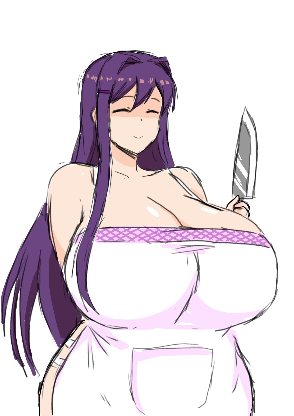 2023, ass, barely clothed, big ass, big breasts, boob window, breasts, clothed, doki doki literature club, female, female only, holding knife, huge breasts, knife, momiji (artist), naked apron, no bra, no underwear, sideass, yuri (doki doki literature club)