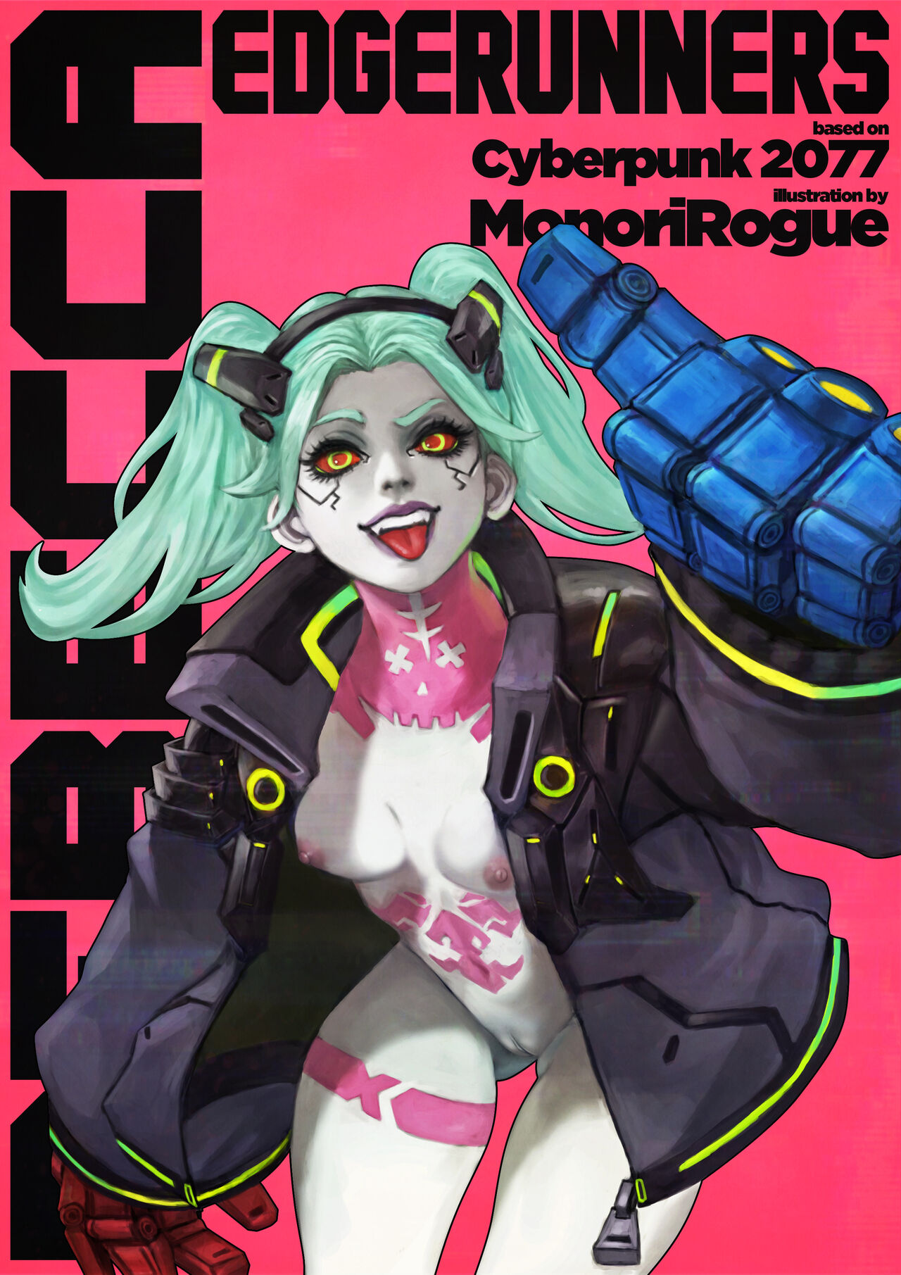 1girls, 2d, breasts, clothing, cybernetics, cyberpunk 2077, cyberpunk: edgerunners, female, green hair, grey skin, human, jacket, monorirogue, netflix, nipples, nonsexual, nonsexual nudity, nude, open jacket, outerwear, pale skin, petite, pussy, rebecca (edgerunners), small breasts, solo, studio trigger, tattoo, tattoos, thighs, tongue, tongue out, twintails