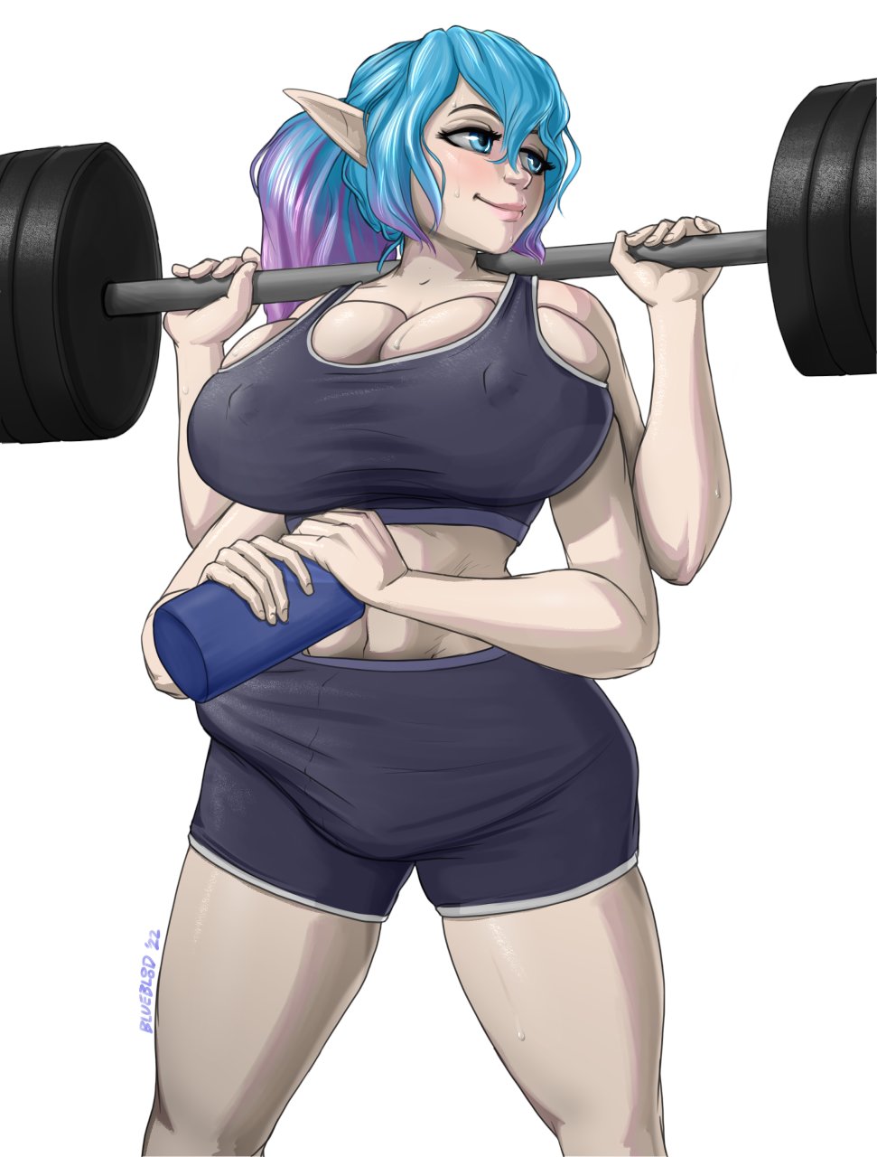 1futa 4_arms abs balls barbell big_breasts big_penis blue_eyes blue_hair bluebl8d bottomwear bra breasts bulge clothed clothing elf erection erection_under_clothes fully_clothed futa_only futanari genitals gynomorph hair hi_res humanoid humanoid_penis humanoid_pointy_ears intersex light-skinned_futanari light_skin multi_arm multi_limb nipple_outline nipples penis shorts solo spandex spandex_shorts sports_bra squatting tight_clothing underwear