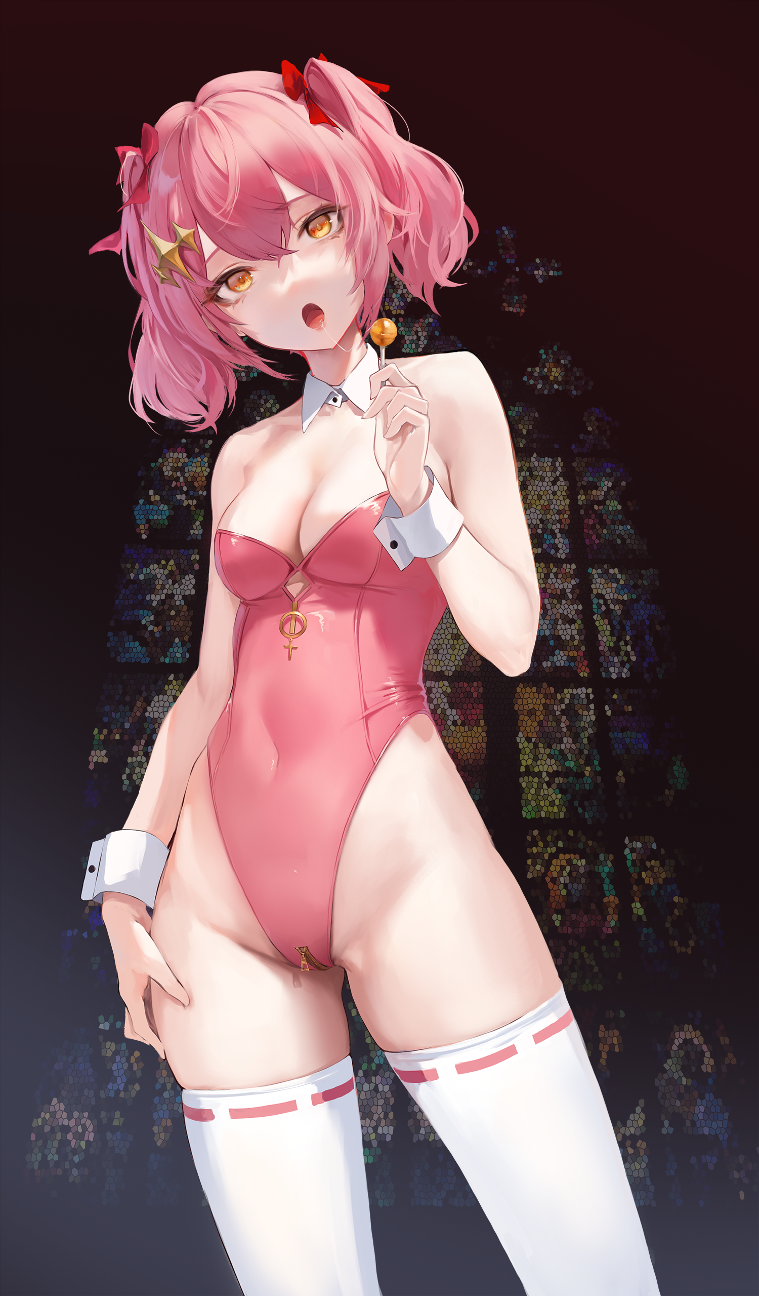 bunnysuit, leotard, leviathan (hikinito0902), original, original character, pink hair, thighhighs, zipper pull tab
