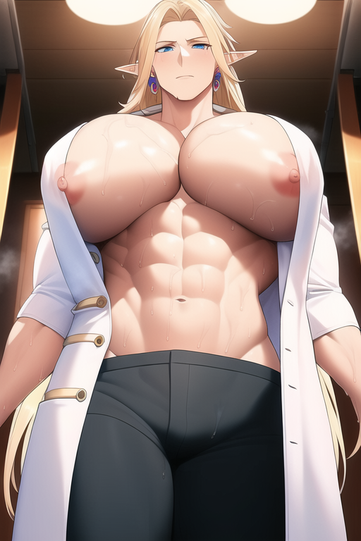 1boy abs ai_generated big_pecs blonde_hair blue_eyes coat elf elf_male huge_muscles huge_pecs hyper_pecs long_hair long_hair_male low-angle_view male male_only muscular muscular_male nai_diffusion nipples open_clothes open_coat pecs stable_diffusion sweat sweaty sweaty_pecs