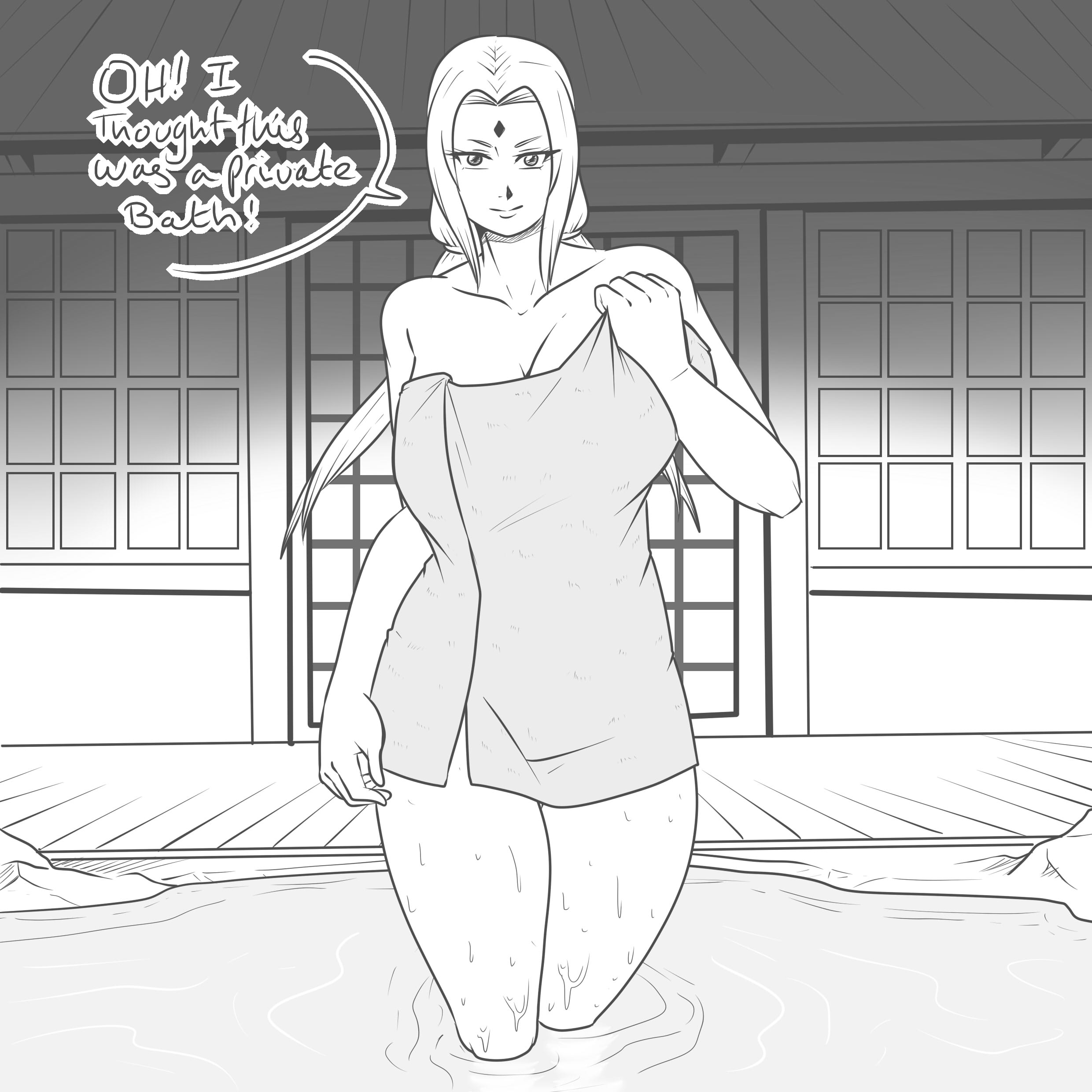 1girls, big breasts, breasts, busty, cleavage, facial mark, female, female only, forehead jewel, forehead mark, hot spring, huge breasts, mattwilson83, mature, mature female, monochrome, naruto, naruto (series), naruto shippuden, onsen, solo, solo female, solo focus, speech bubble, talking, talking to viewer, tied hair, towel, towel only, tsunade, twintails, voluptuous, voluptuous female, walking, walking towards viewer, water