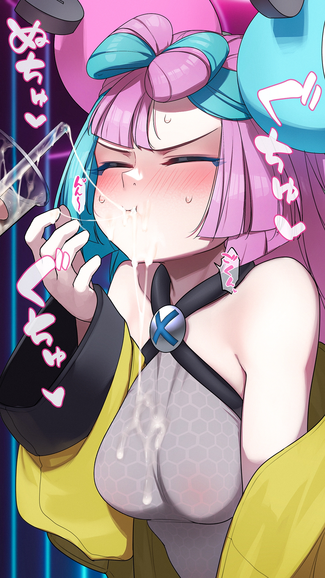 1boy, 1girls, alternate breast size, blue hair, blush, blushing profusely, breasts, clothed, creatures (company), cum, cum drinking, cum in container, female, game freak, gokkun, hi res, high resolution, highres, hizake, iono (pokemon), kashu (hizake), large breasts, light skin, light-skinned female, male, nintendo, pink eyes, pink hair, pokemon, pokemon sv, translation request, twintails, two-tone hair