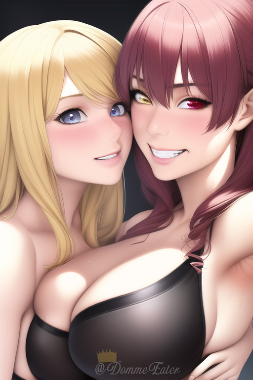 2girls ai_generated armpits artist_self-insert big_breasts blonde_hair blue_eyes bra breasts busty cleavage clothed clothed_female clothes clothing curvaceous curvy curvy_body curvy_female curvy_figure female female_focus female_only grin heterochromia hug huge_breasts hugging large_breasts light-skinned_female light_skin looking_at_viewer losetoluna nai_diffusion queen_dee queen_dee_(character) red_hair smile smiling smiling_at_viewer smirk smirking smug stable_diffusion thick voluptuous