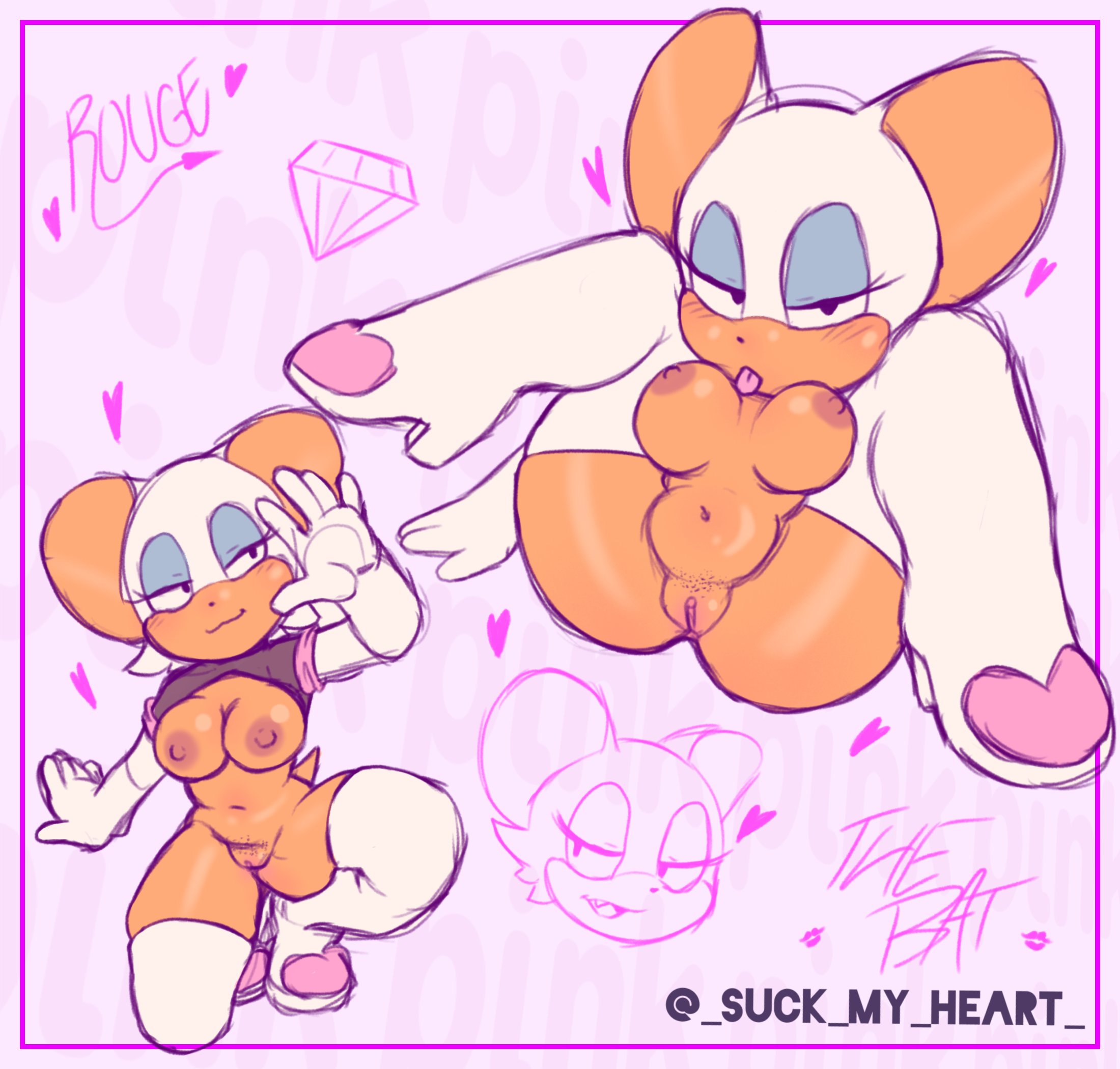 2022, bat, blush, boots, breasts, female, navel, nipples, pussy, rouge the bat, sonic (series), suck my heart