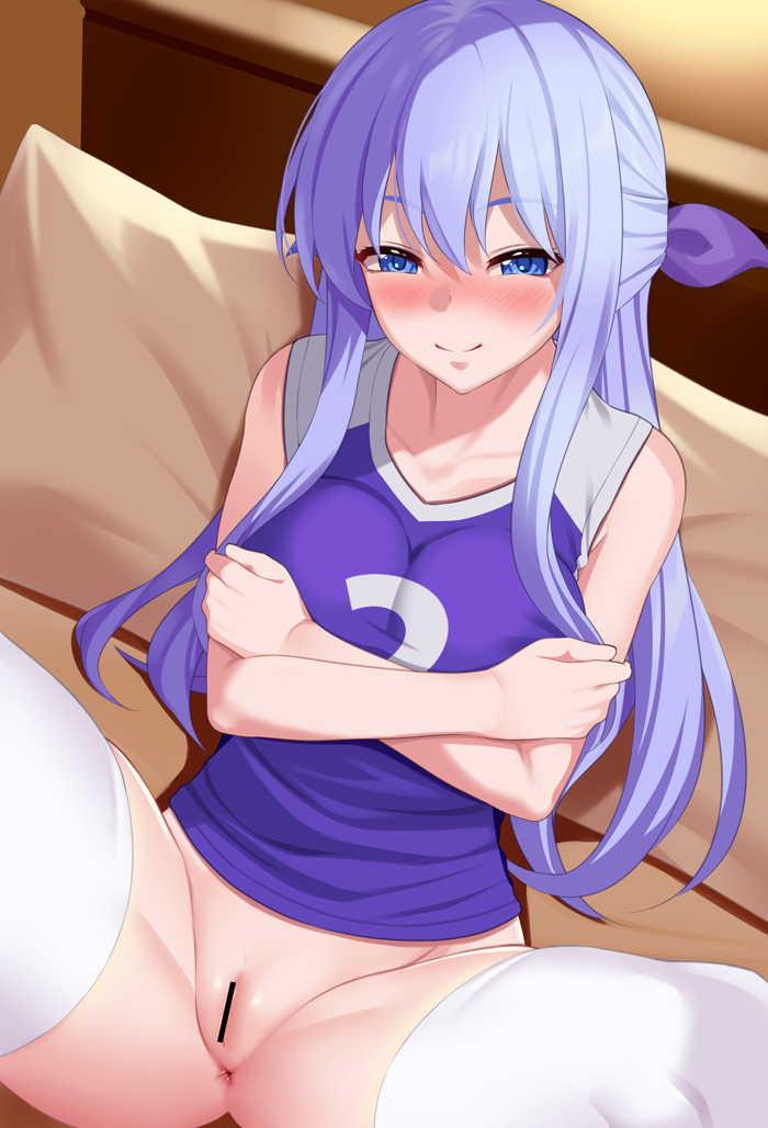 anus bangs bar_censor bare_shoulders blue_eyes blue_hair blue_shirt blurry blurry_background blush bottomless bow breasts censored closed_mouth collarbone couch crossed_arms female hair_between_eyes hairbow huyumitsu indoors large_breasts long_hair looking_at_viewer on_couch original pillow purple_bow pussy shirt short_shorts shorts sidelocks sitting sleeveless sleeveless_shirt smile solo sportswear spread_legs thighhighs very_long_hair volleyball_uniform white_thighhighs