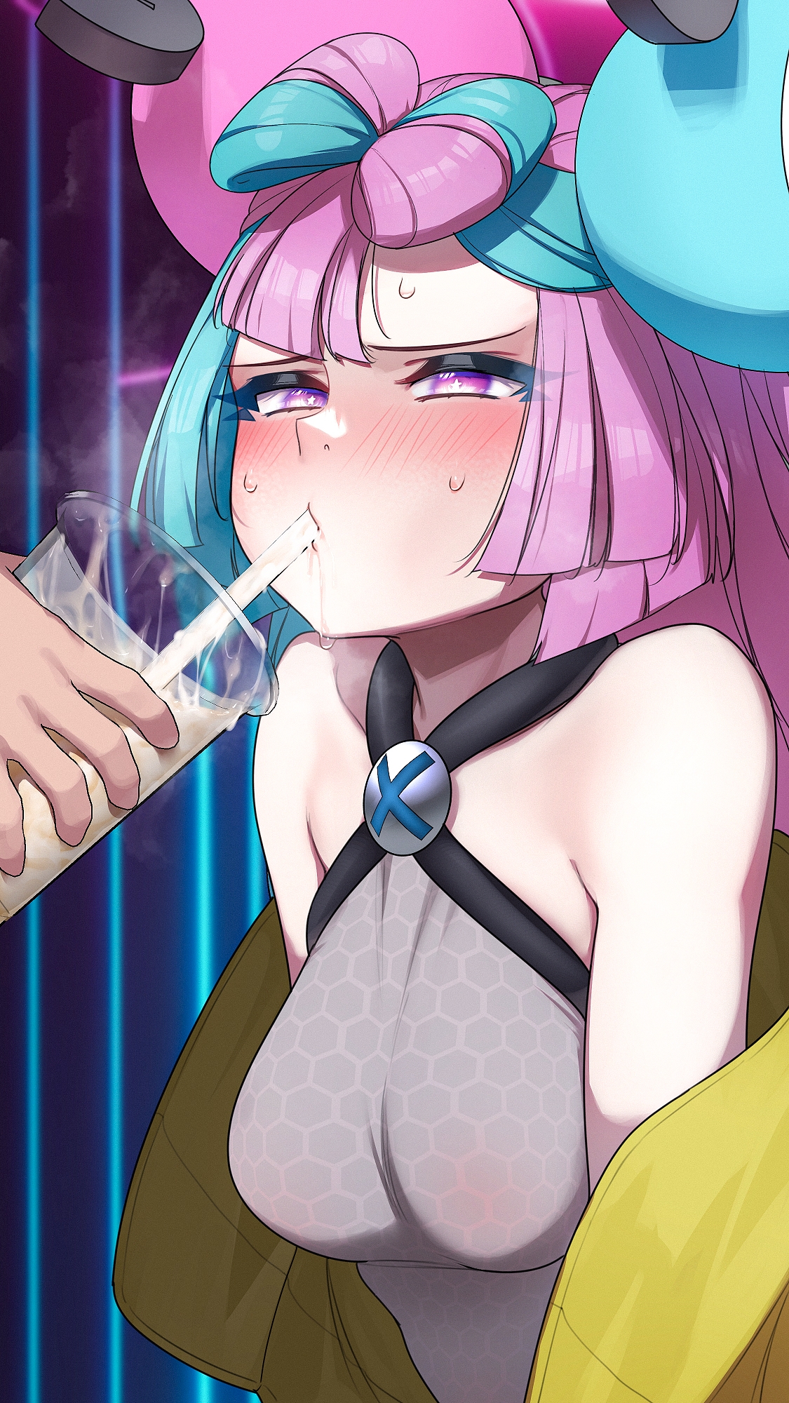 1boy, 1girls, alternate breast size, blue hair, blush, blushing profusely, breasts, clothed, creatures (company), cum, cum drinking, cum in container, female, game freak, gokkun, hi res, high resolution, highres, hizake, iono (pokemon), kashu (hizake), large breasts, light skin, light-skinned female, male, nintendo, pink eyes, pink hair, pokemon, pokemon sv, twintails, two-tone hair