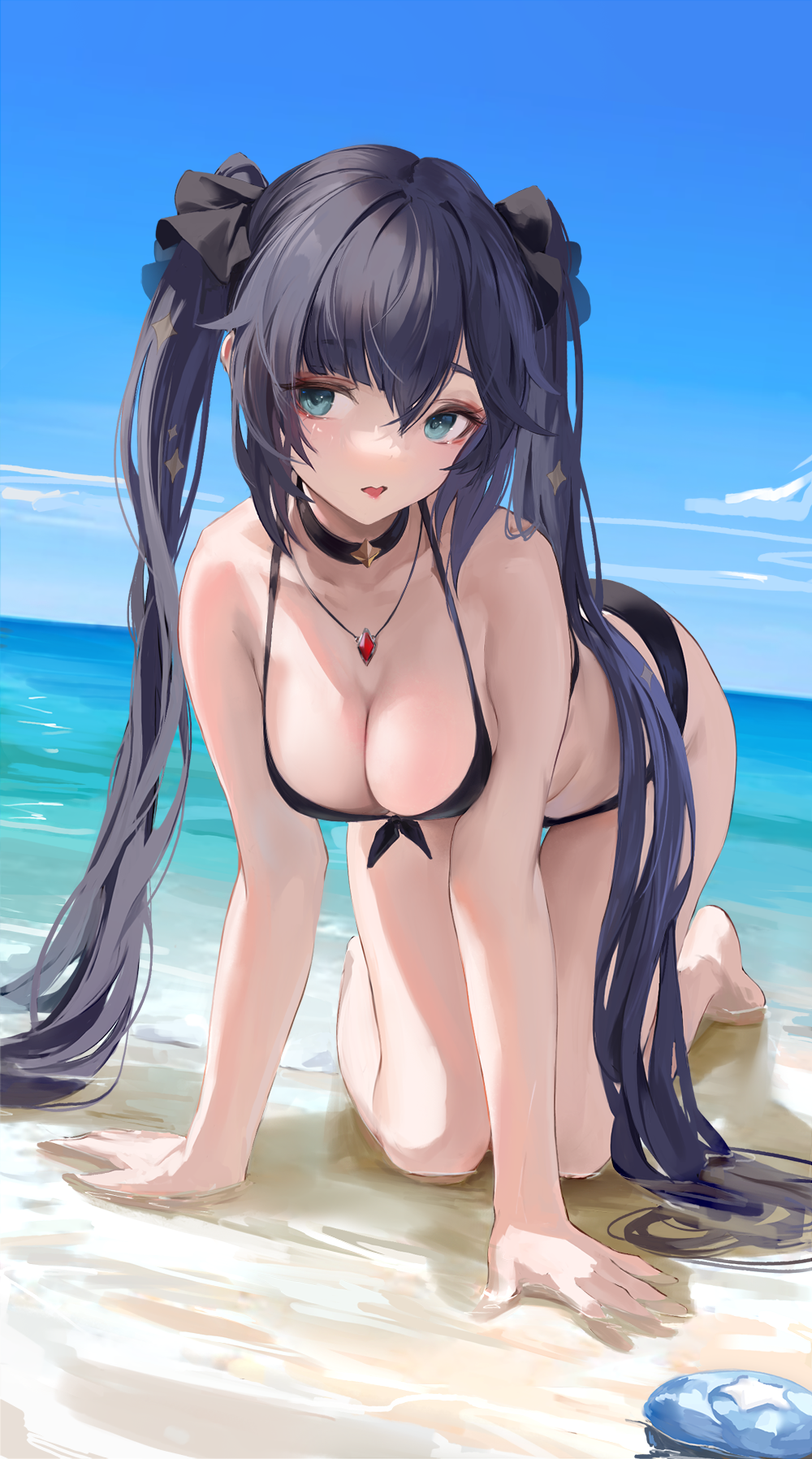 1girls, all fours, beach, bikini, choker, cleavage, female, genshin impact, leviathan (hikinito0902), lipstick, makeup, mona (genshin impact), twintails
