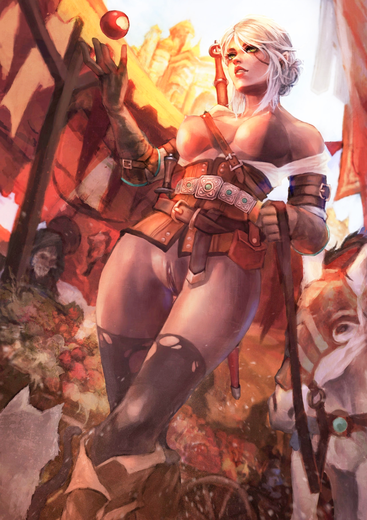 apple, armor, big breasts, breasts, breasts out, brown gloves, ciri, exhibitionism, female, functionally nude, gloves, highres, horse, monorirogue, pussy, scar, street, sword, the witcher (series), the witcher 3: wild hunt, white hair